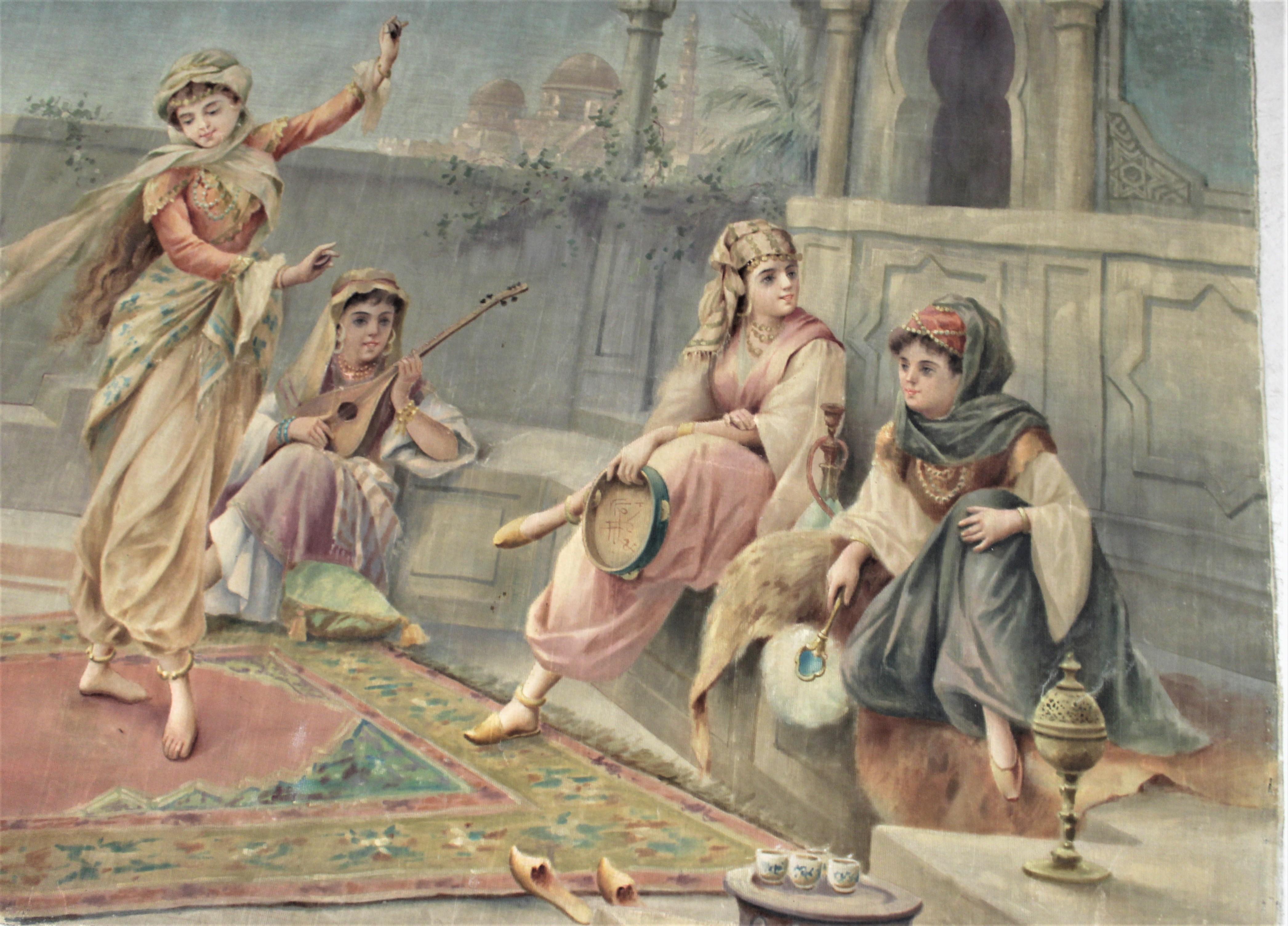 English Large Antique Anglo-Indian Painting on Woven Fabric Portraying A Female Dancer For Sale