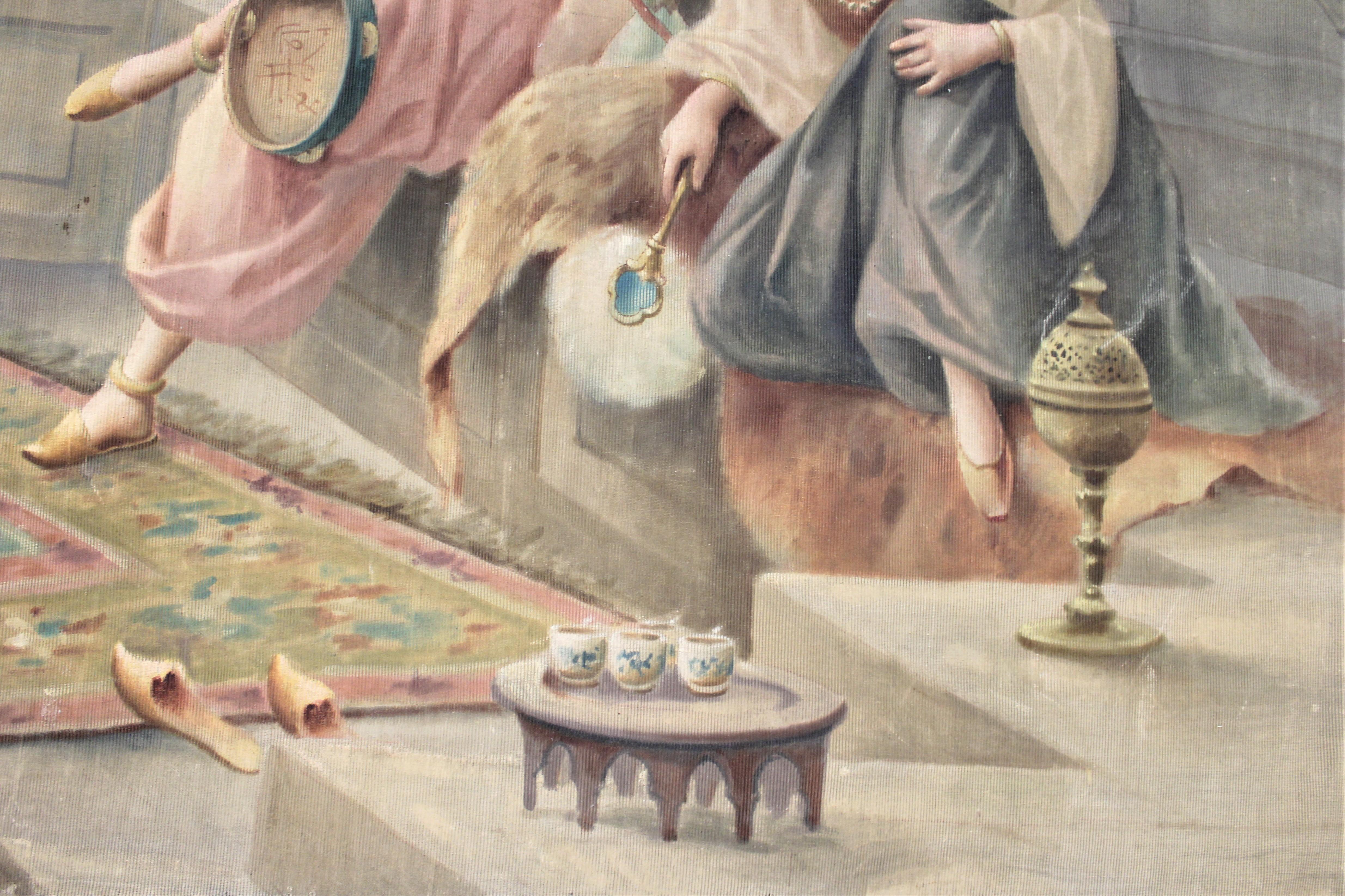 Peint à la main Grande peinture anglo-indienne ancienne sur tissu tissé représentant une danseuse féminine en vente