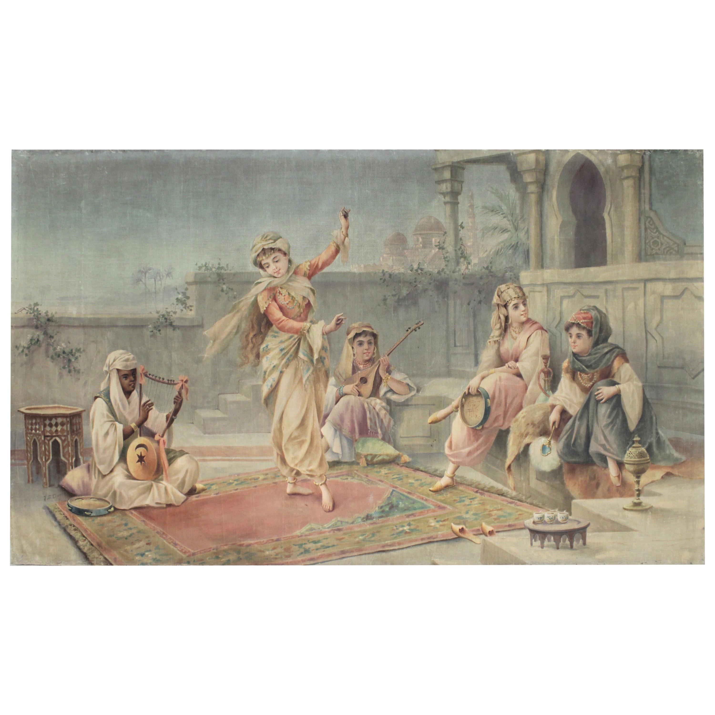 Grande peinture anglo-indienne ancienne sur tissu tissé représentant une danseuse féminine
