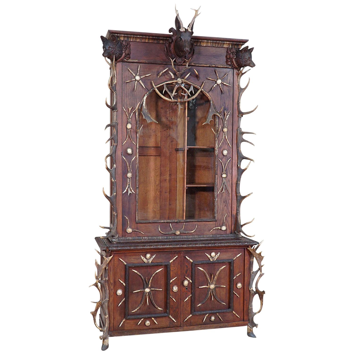 Large Antique Antler Gun Cabinet Bohemia, ca. 1870