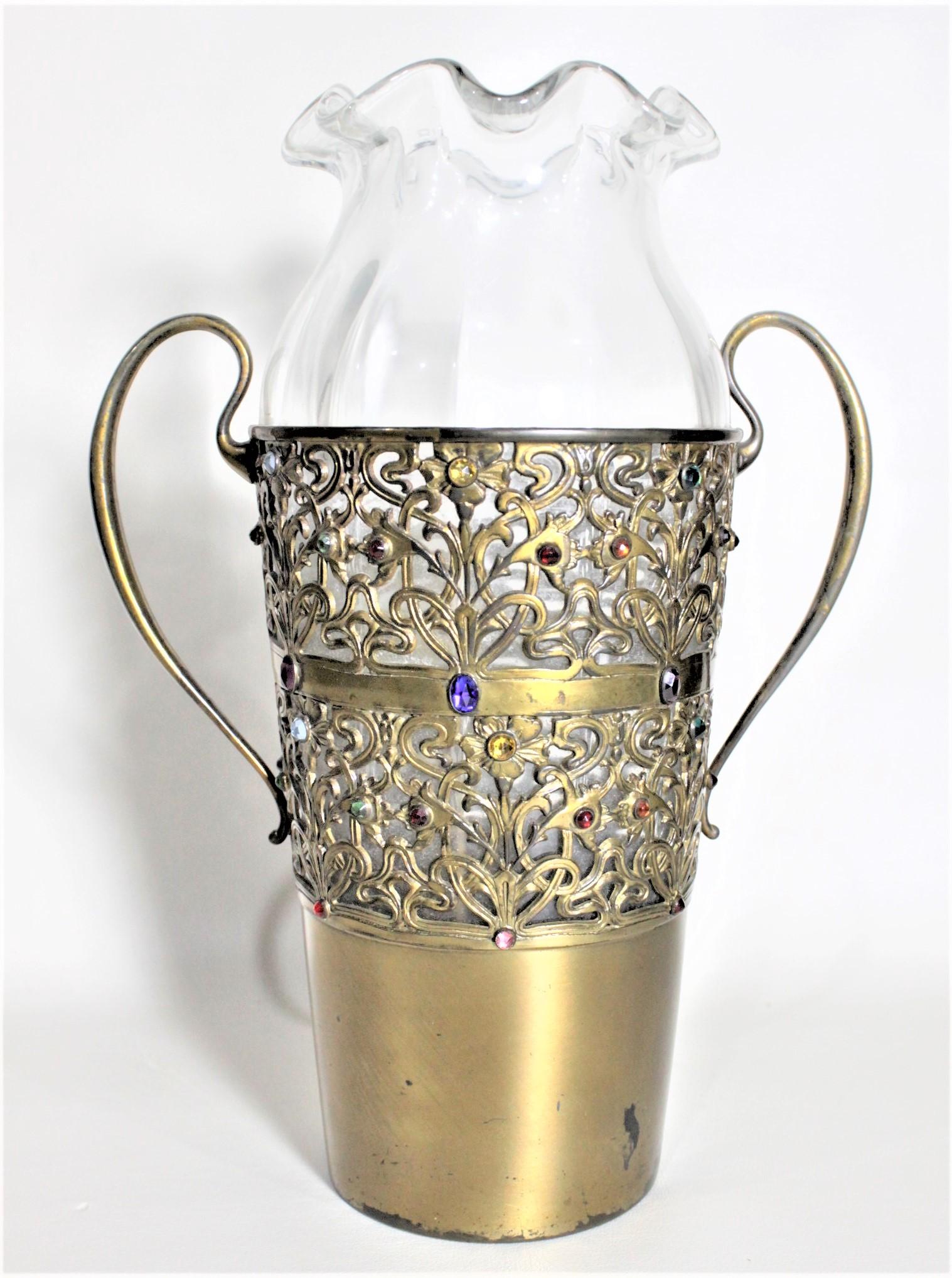 Victorian Large Antique Apollo Silver Co. Vase with Jewels and Brass Patinated Filigree For Sale