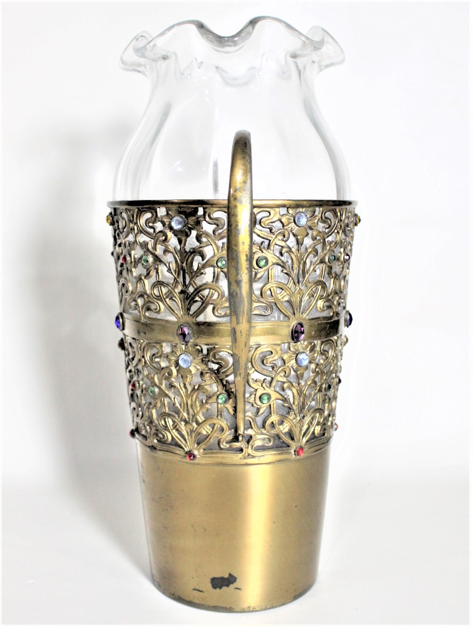 American Large Antique Apollo Silver Co. Vase with Jewels and Brass Patinated Filigree For Sale