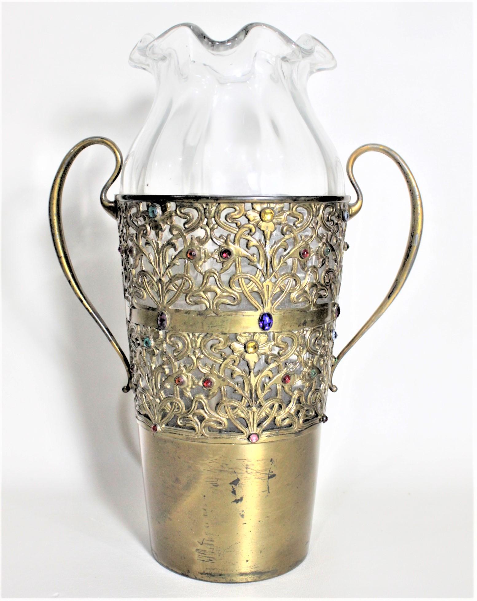 Metal Large Antique Apollo Silver Co. Vase with Jewels and Brass Patinated Filigree For Sale