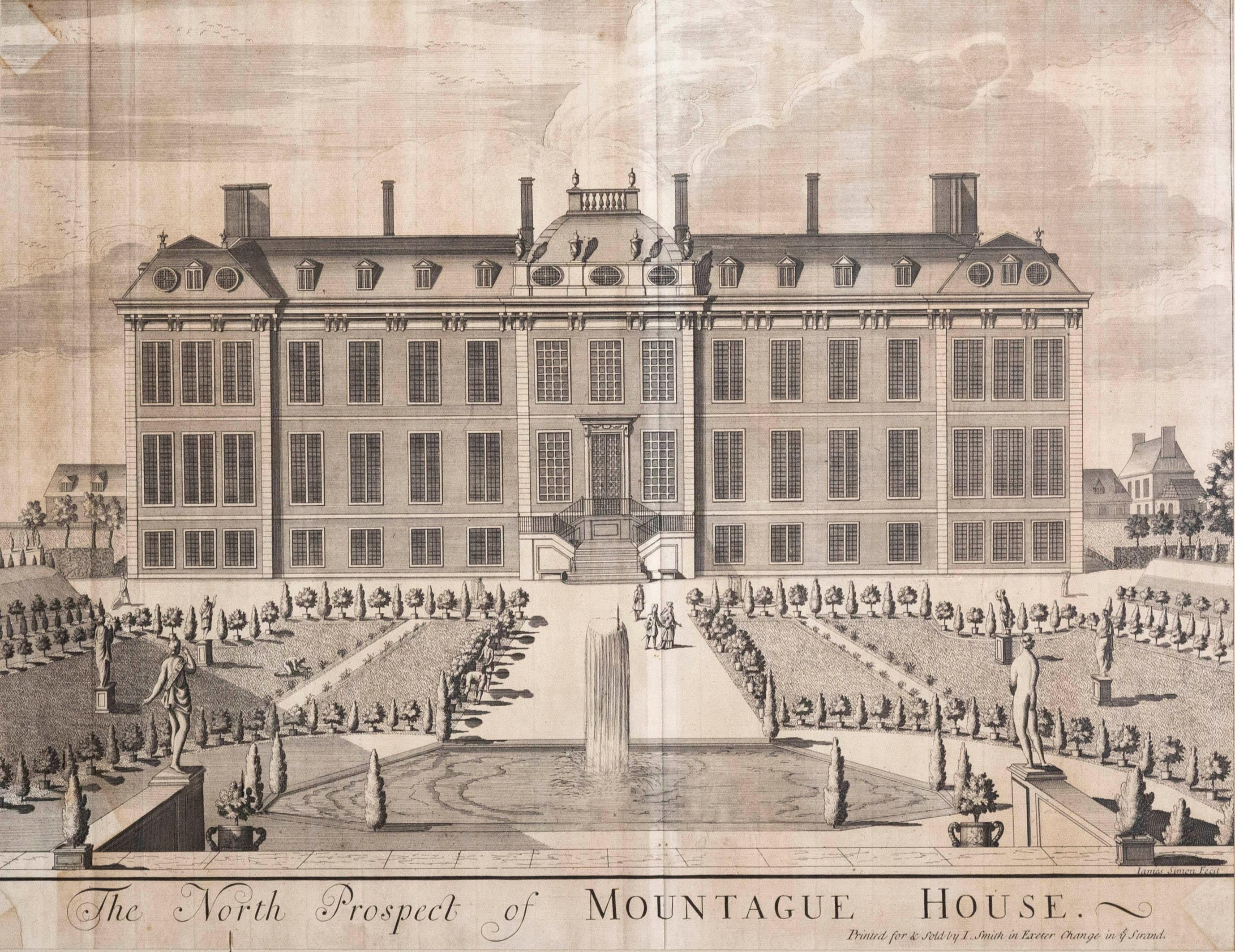 A very decorative large engraving of Montagu House, later the British Museum,
circa 1715.

Why we like it
Rare large size, exquisitely engraved by James Simon. An identical example is in the British Museum.

The building of Montagu House began