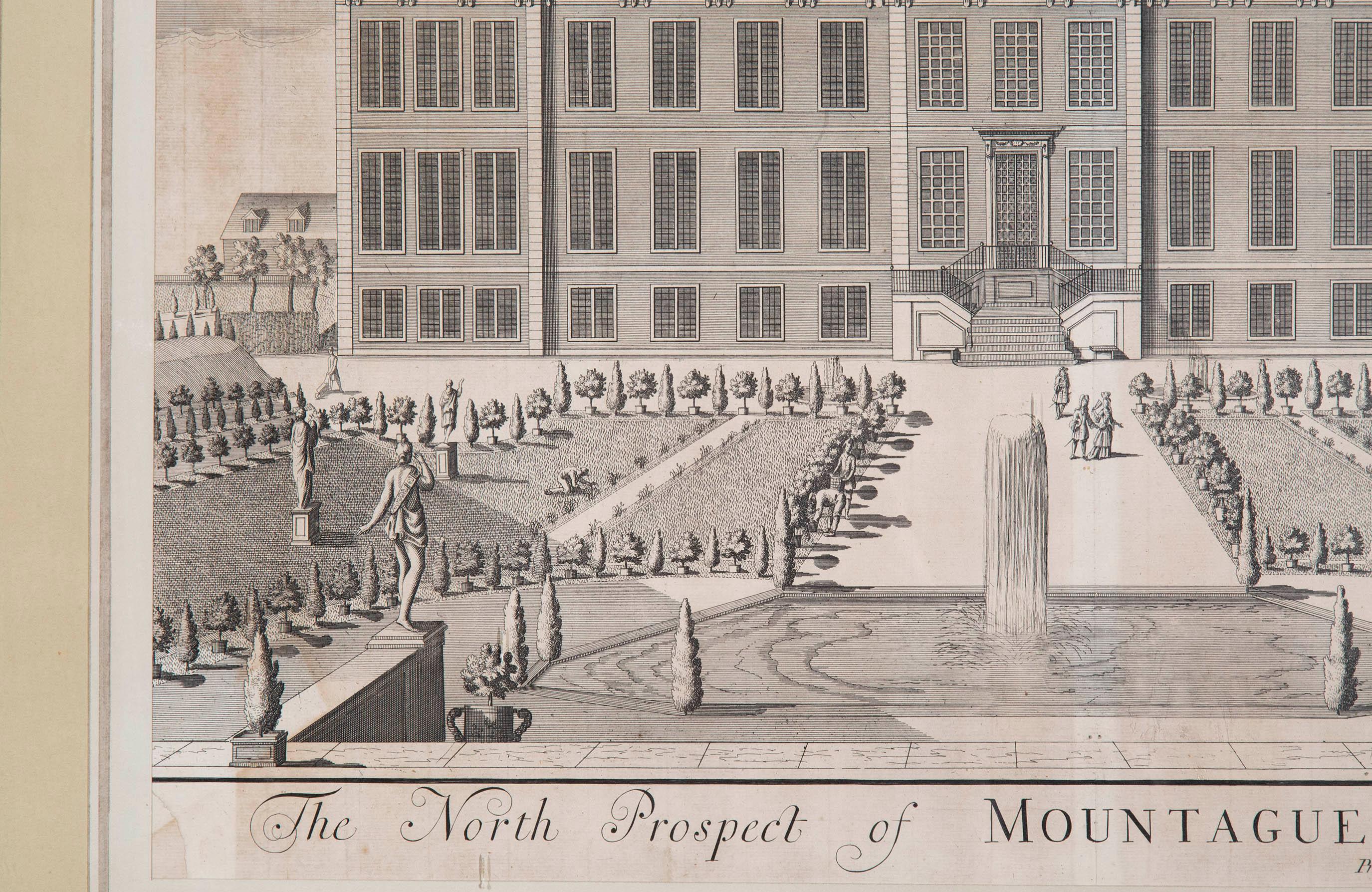 Large Antique Architectural Prints or Engraving of Montagu House, circa 1715 In Fair Condition In London, GB