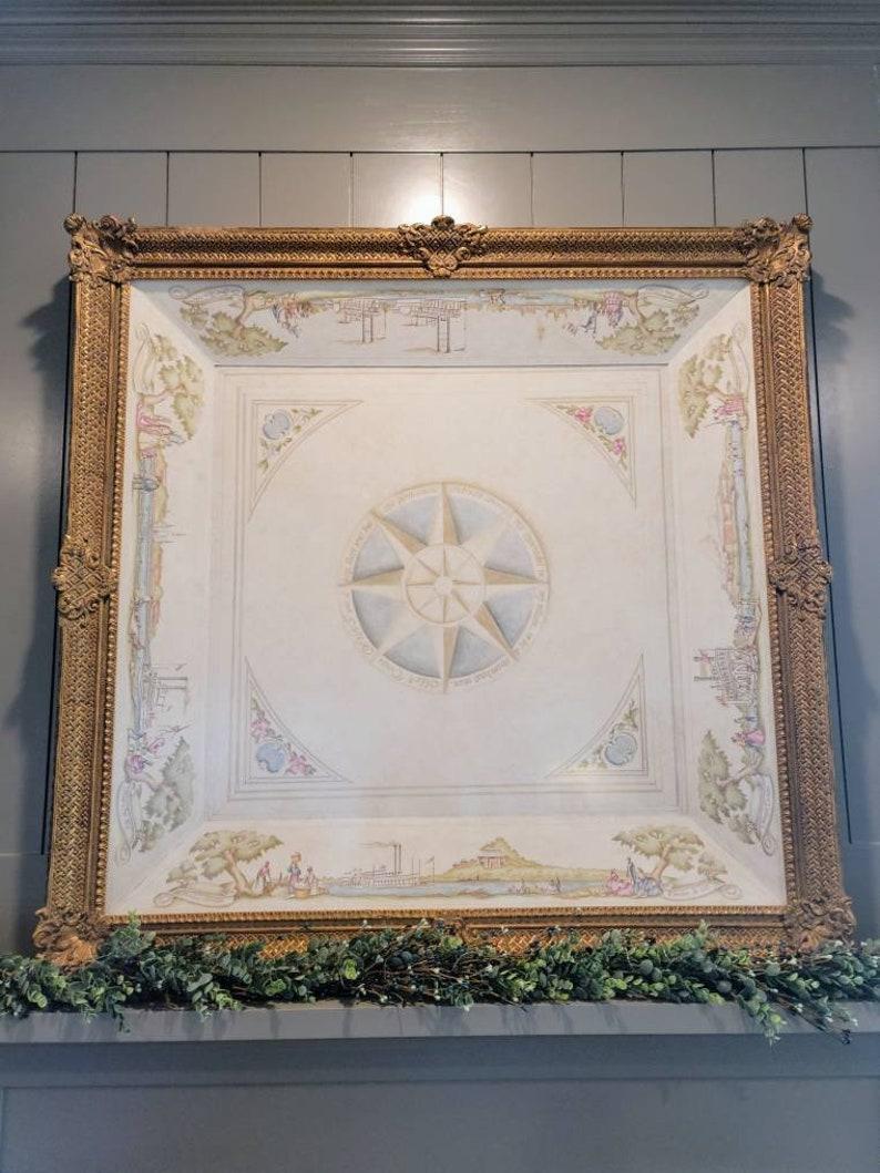A monumental antique American architectural ceiling fresco art design decorative building element, framed in a later carved giltwood shadowbox style frame. 

The uniquely dimensional hand-painted art piece features a central trompe l'oeil skylight