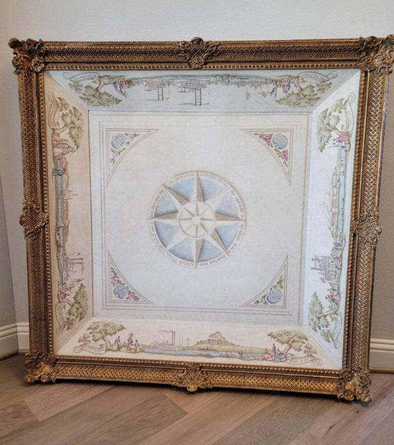 American Large Antique Architectural Trompe L'oeil Framed Ceiling Mural For Sale