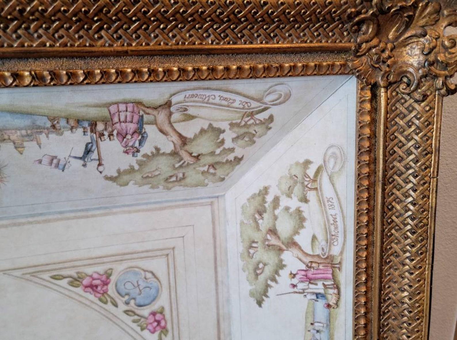Large Antique Architectural Trompe L'oeil Framed Ceiling Mural In Good Condition For Sale In Forney, TX