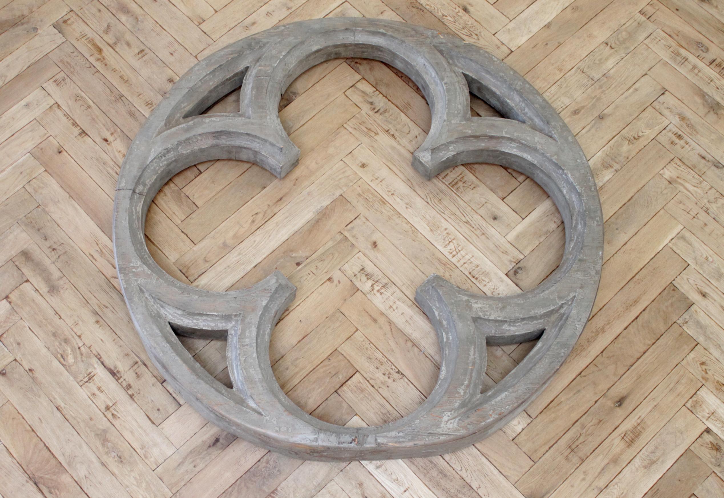 Large antique architectural wood quatrefoil frame
Original carved antique quatrefoil, with original painted finish. This has a weathered gray patina, you can hang as is, or add mirror to it.
Measurements: 47