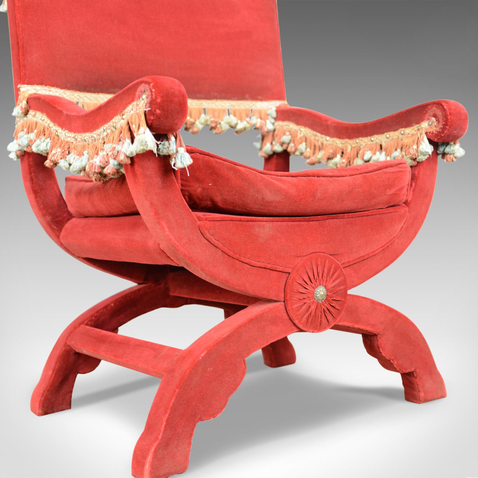 Large Antique Armchair Italian X Frame Chair Red Velvet 17th Century Revival 4