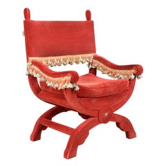Large Antique Armchair Italian X Frame Chair Red Velvet 17th Century Revival