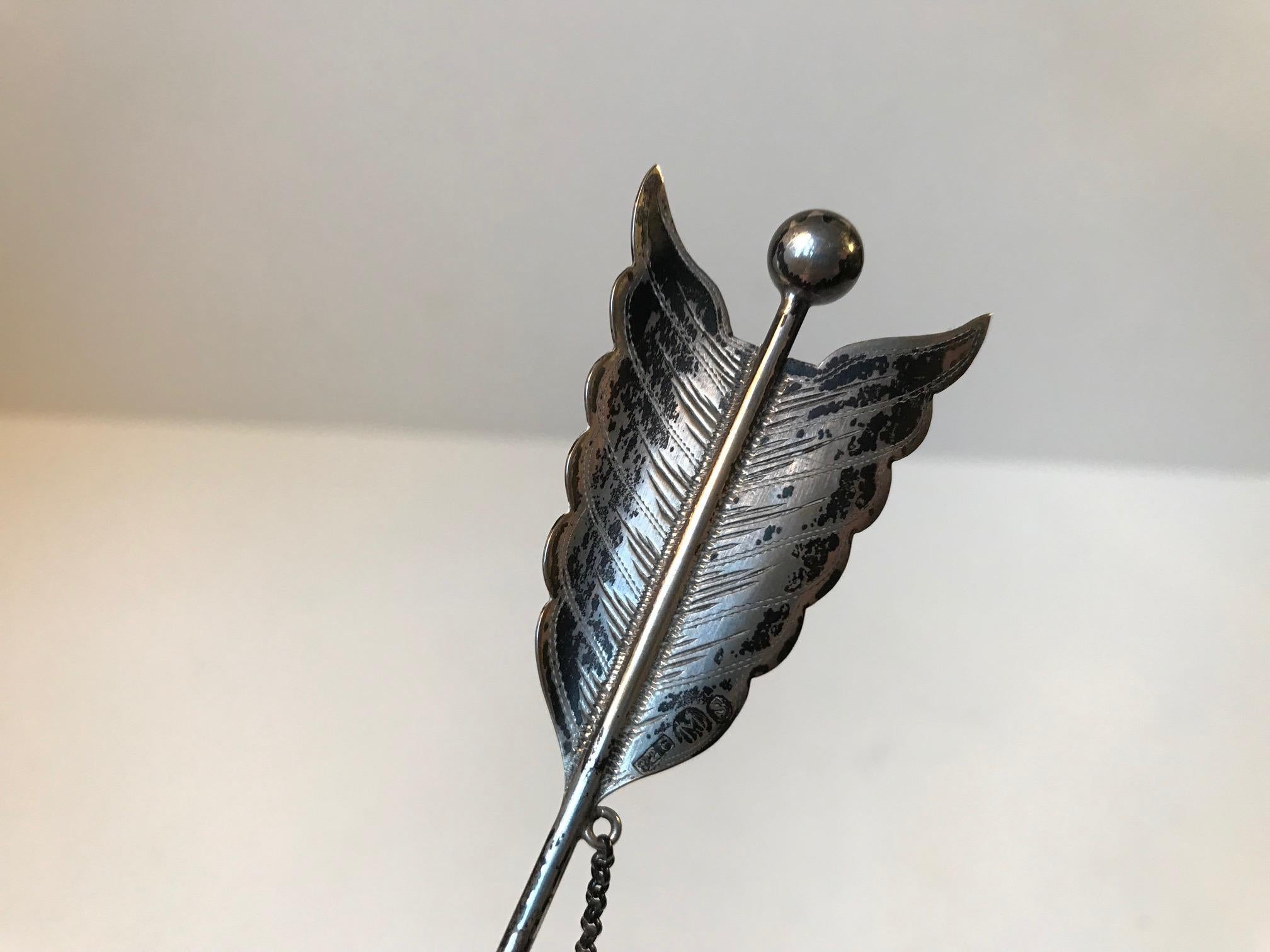 Large antique arrow shaped Hatpin or Brooch for Knitwear by Danish Silversmith Marius Sørensen. Stamped 826, MS. Please note that this item has not been polished.