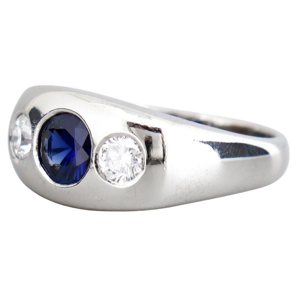 Large Antique Art Deco 14K White Gold, Sapphire, & Diamond Men's Gypsy Ring For Sale