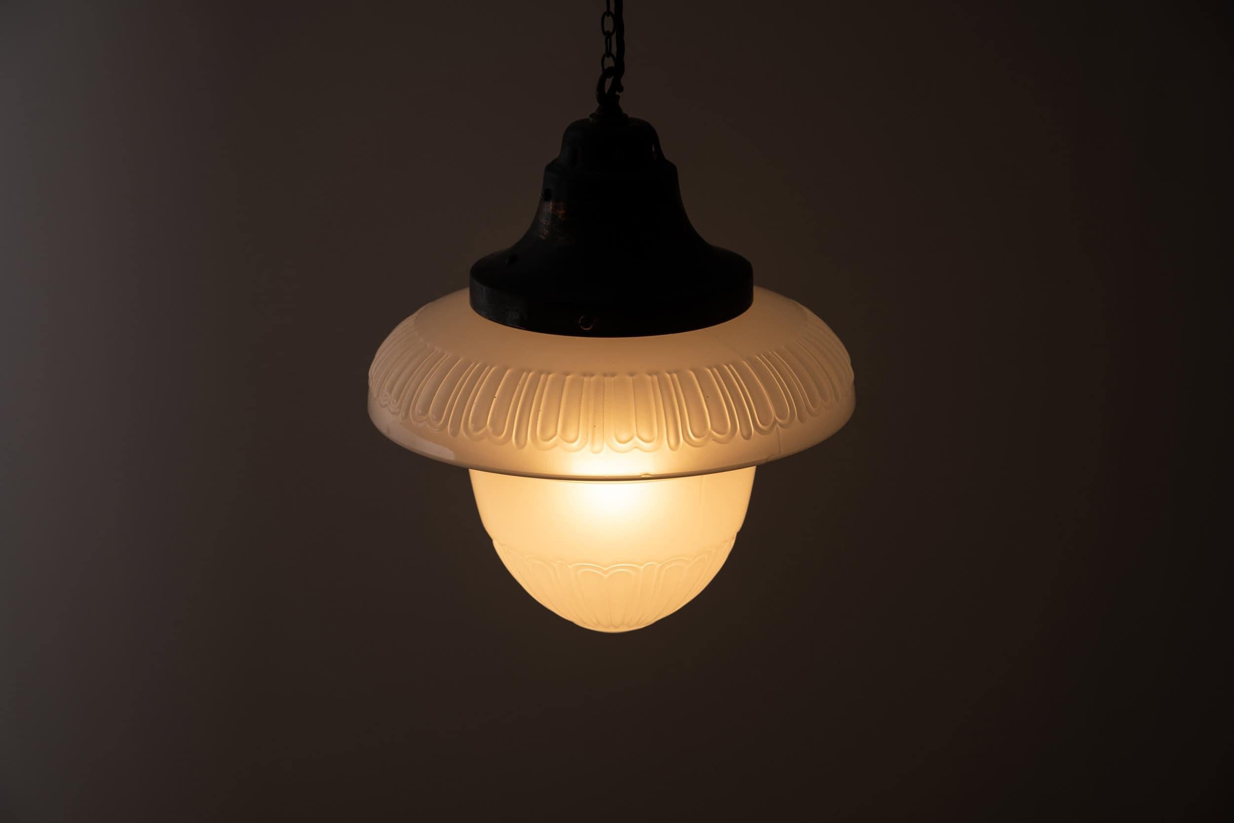 Copper Large Antique Art Deco Benjamin 'Bencolite' Opaline Glass Pendant Lamp, C.1930