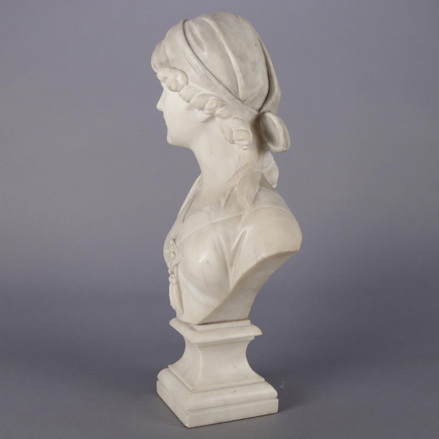 Antique Art Nouveau carved alabaster portrait sculpture 3/4 bust of young woman in Roaring 1920s dress and head scarf, en verso signed A. Cipriani (Italian, 1880-1930), circa 1910.

Measures: 21.5