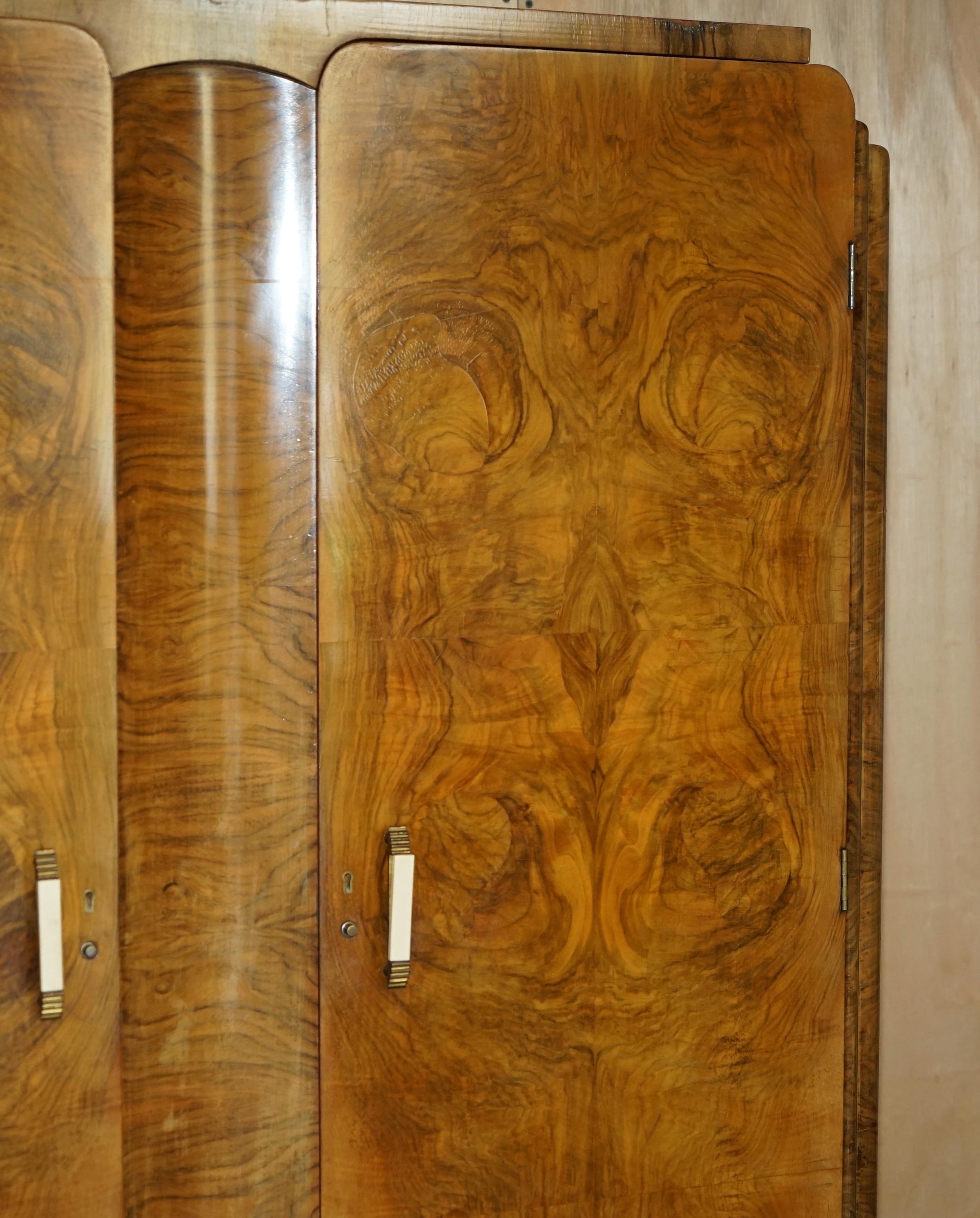 Hand-Crafted LARGE ANTIQUE ART DECO CIRCA 1930's SATIN WALNUT DOUBLE WARDROBE PART OF SUITE For Sale
