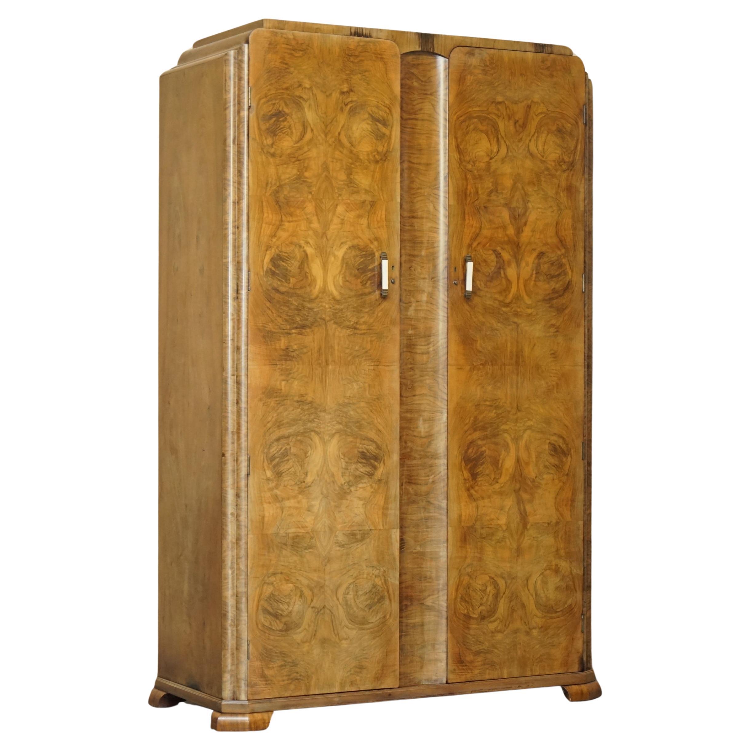 LARGE ANTIQUE ART DECO CIRCA 1930's SATIN WALNUT DOUBLE WARDROBE PART OF SUITE For Sale