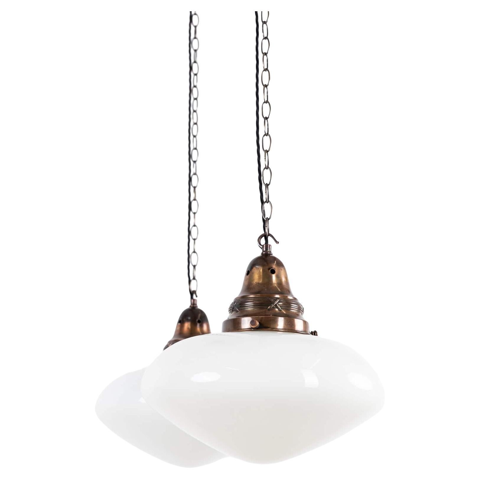 Large Antique Art Deco Ovaloid Opaline Glass Pendant Lamp Light, c.1920