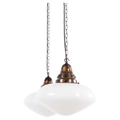 Large Antique Art Deco Ovaloid Opaline Glass Pendant Lamp Light, c.1920