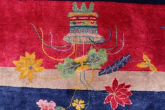 Large Antique Art Deco Rug in Deep Navy Blue with Vibrant Red Border