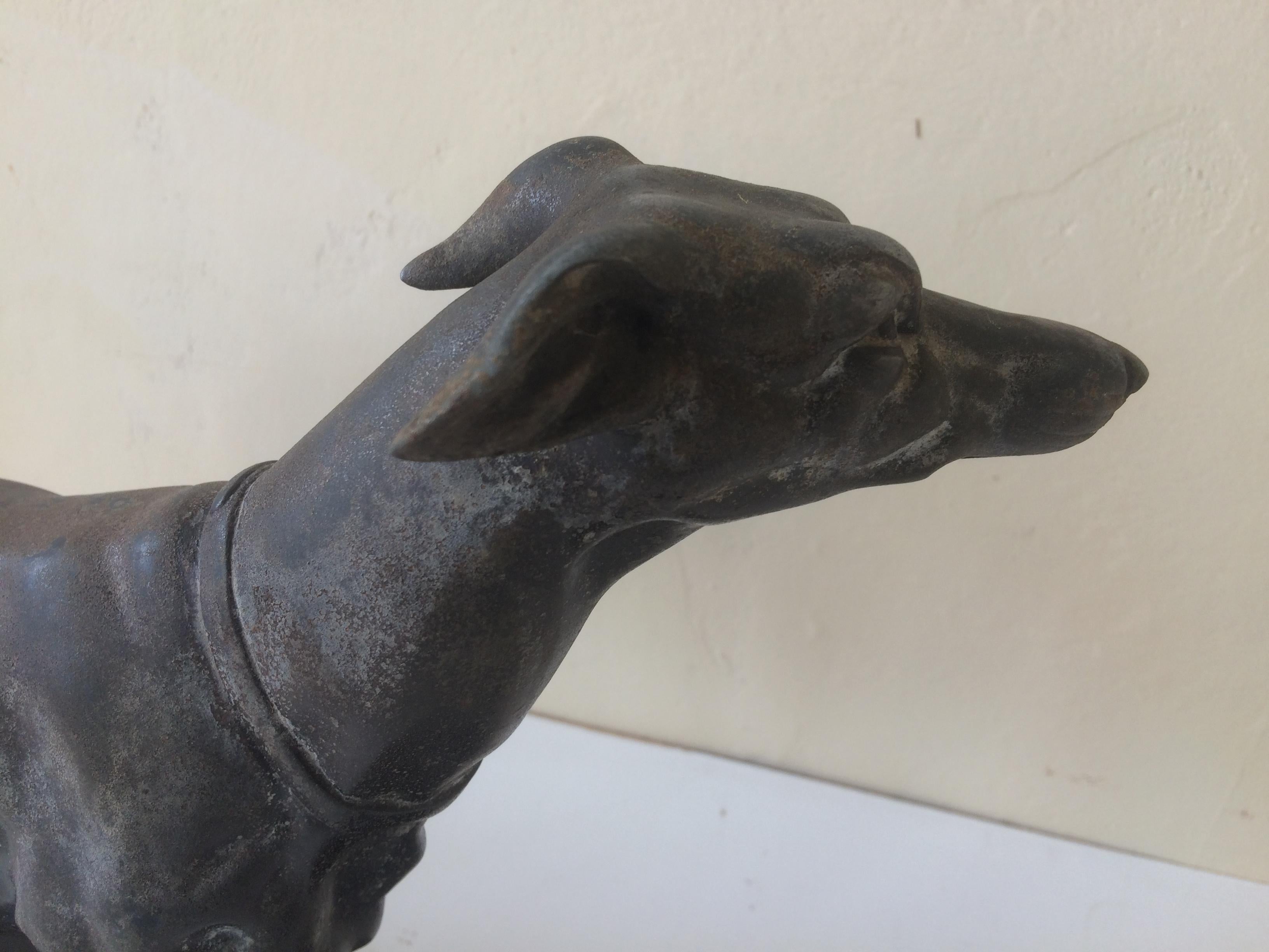 French Large Antique Art Deco Statue of Greyhound Dog on Marble Base For Sale