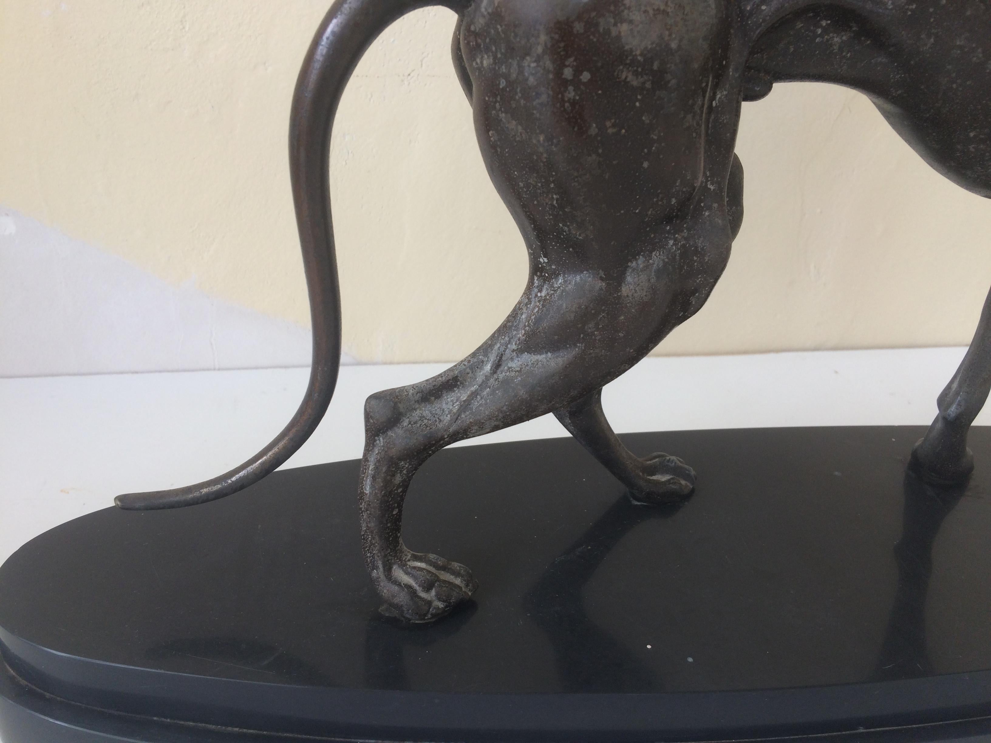 Large Antique Art Deco Statue of Greyhound Dog on Marble Base In Good Condition For Sale In Eindhoven, Netherlands