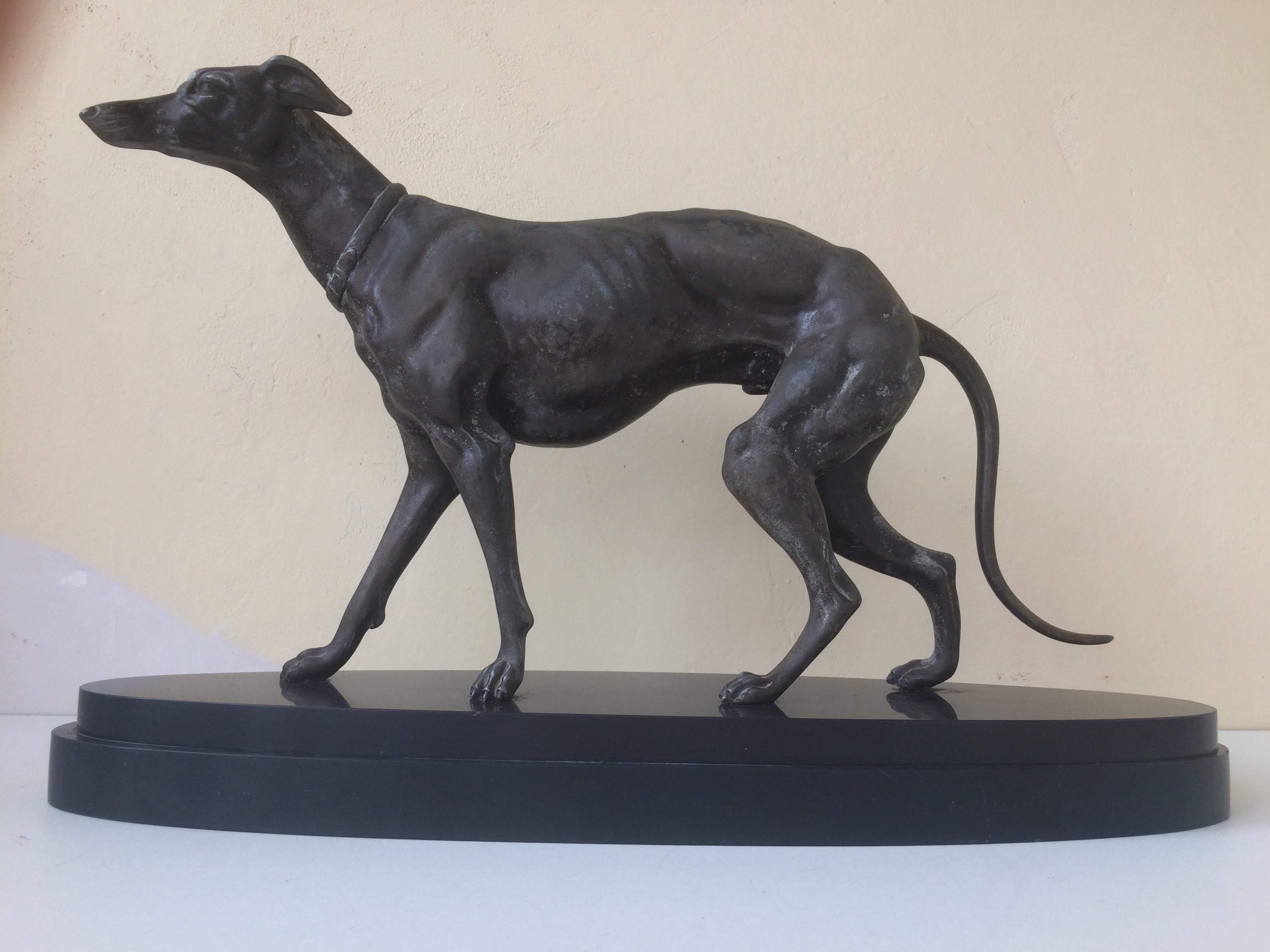 Mid-20th Century Large Antique Art Deco Statue of Greyhound Dog on Marble Base For Sale