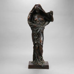 Large Antique Art Nouveau Cast Bronze Neoclassical Female Statue, Signed, 19th C