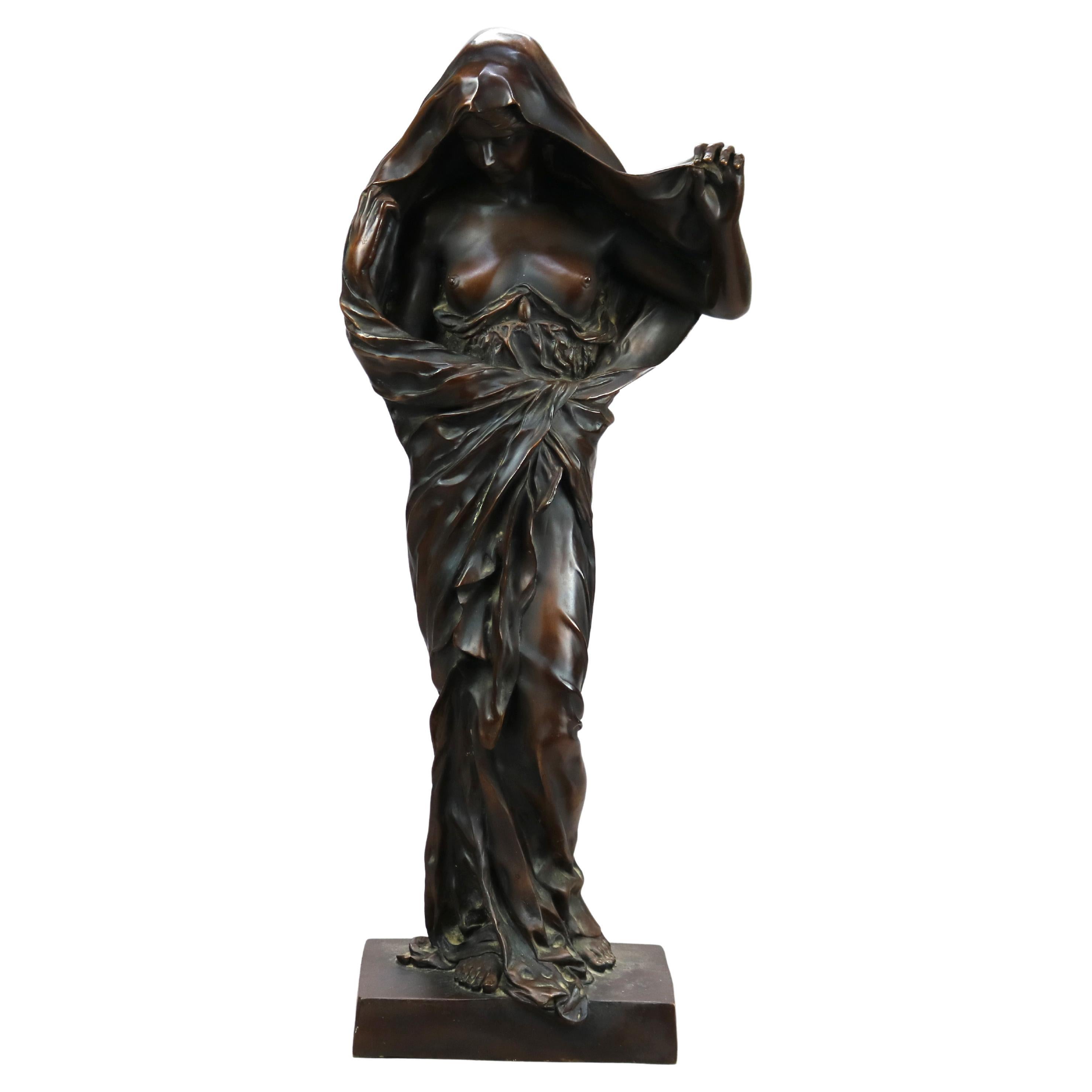 Large Antique Art Nouveau Cast Bronze Neoclassical Female Statue, Signed, 19th C