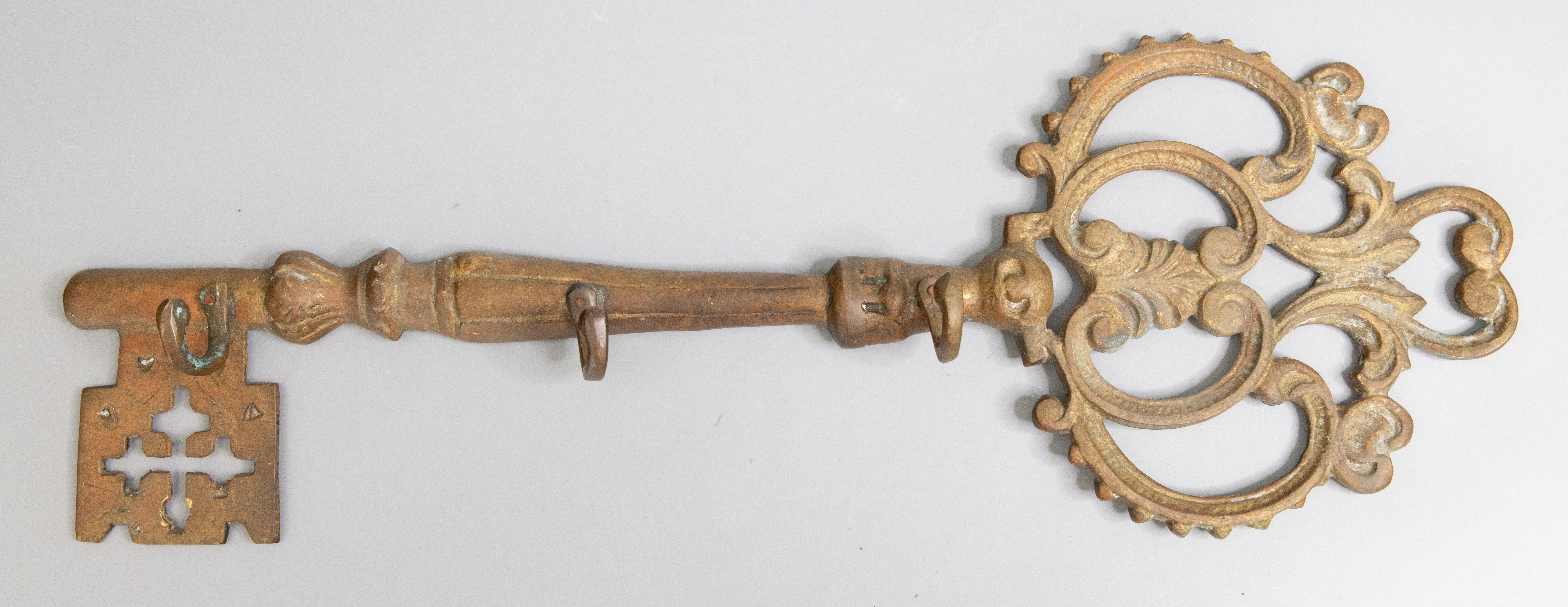 Large Antique Art Nouveau French Brass Key Shaped Coat & Hat Rack For Sale 2