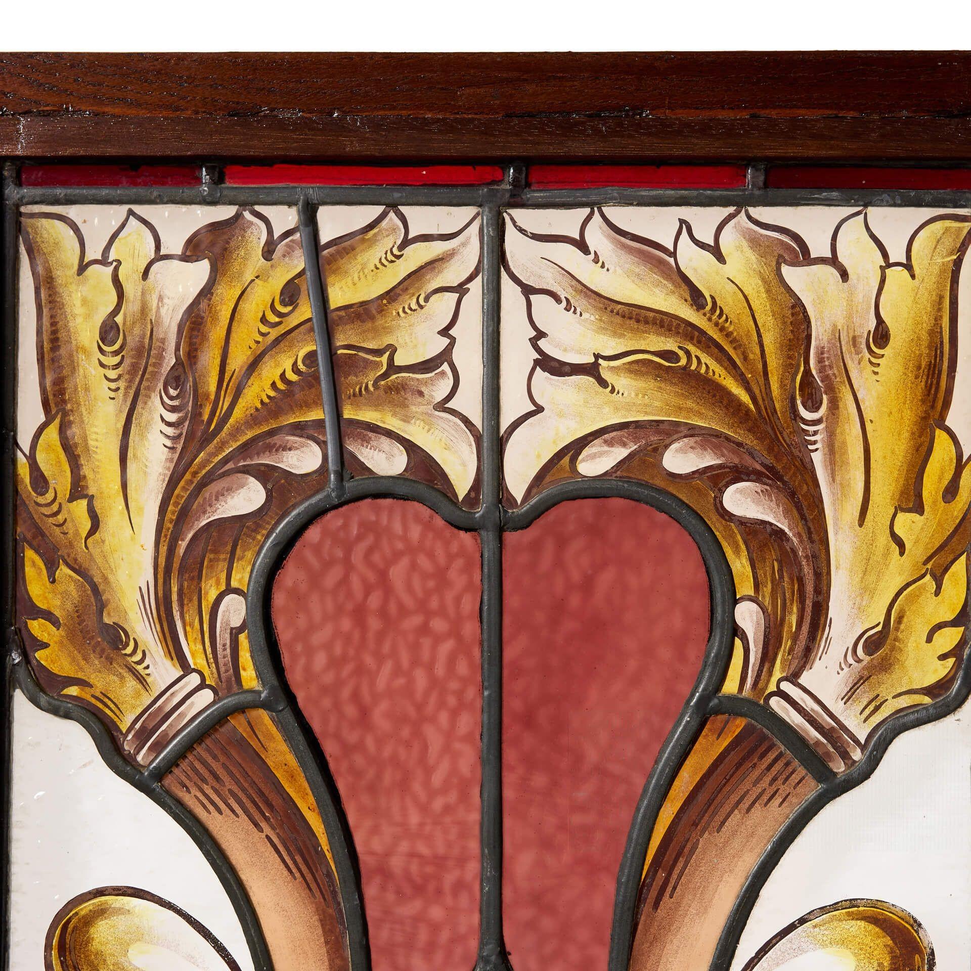 Large Antique Art Nouveau Stained Glass in Mahogany Frame Inglés en venta