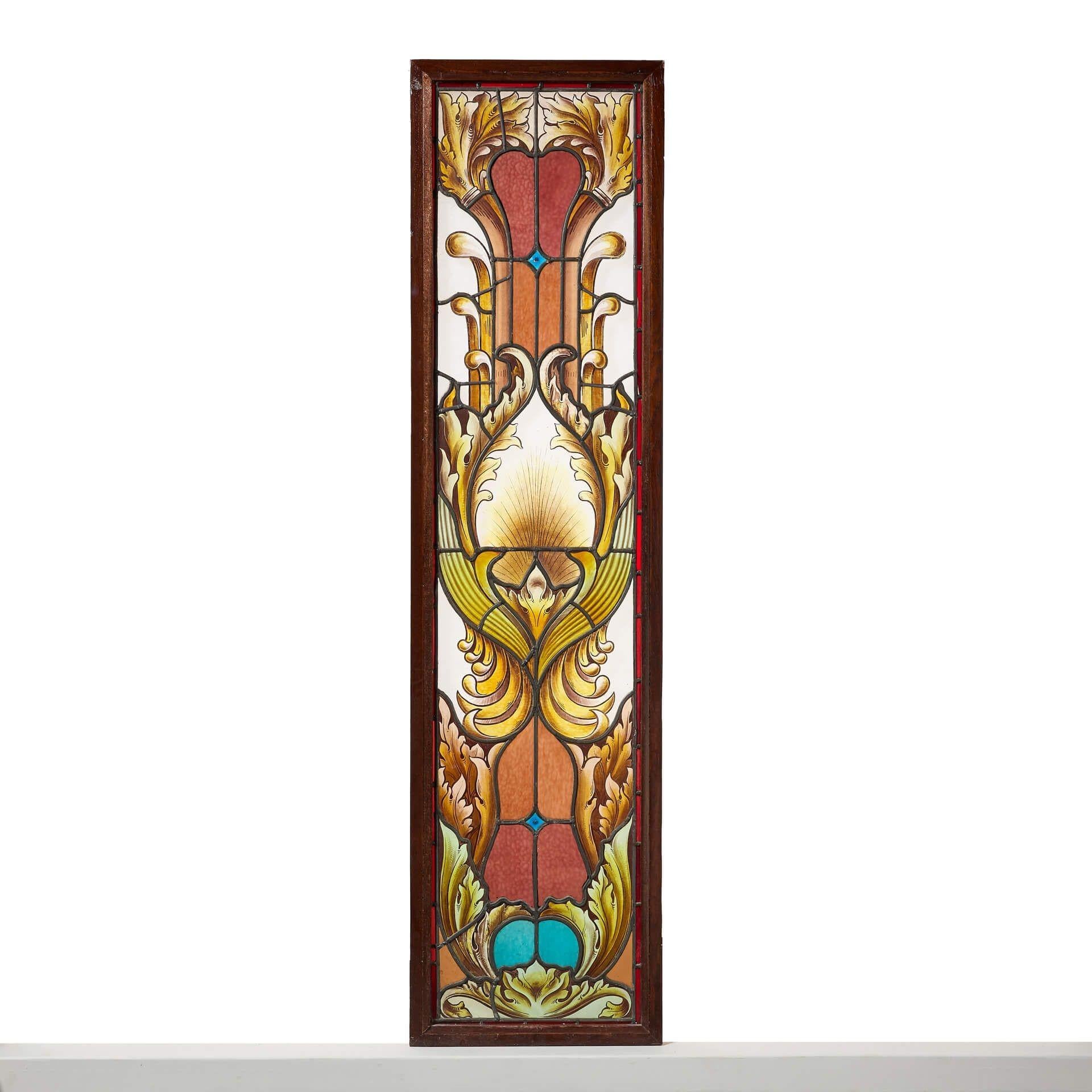Large Antique Art Nouveau Stained Glass in Mahogany Frame Vidrio en venta