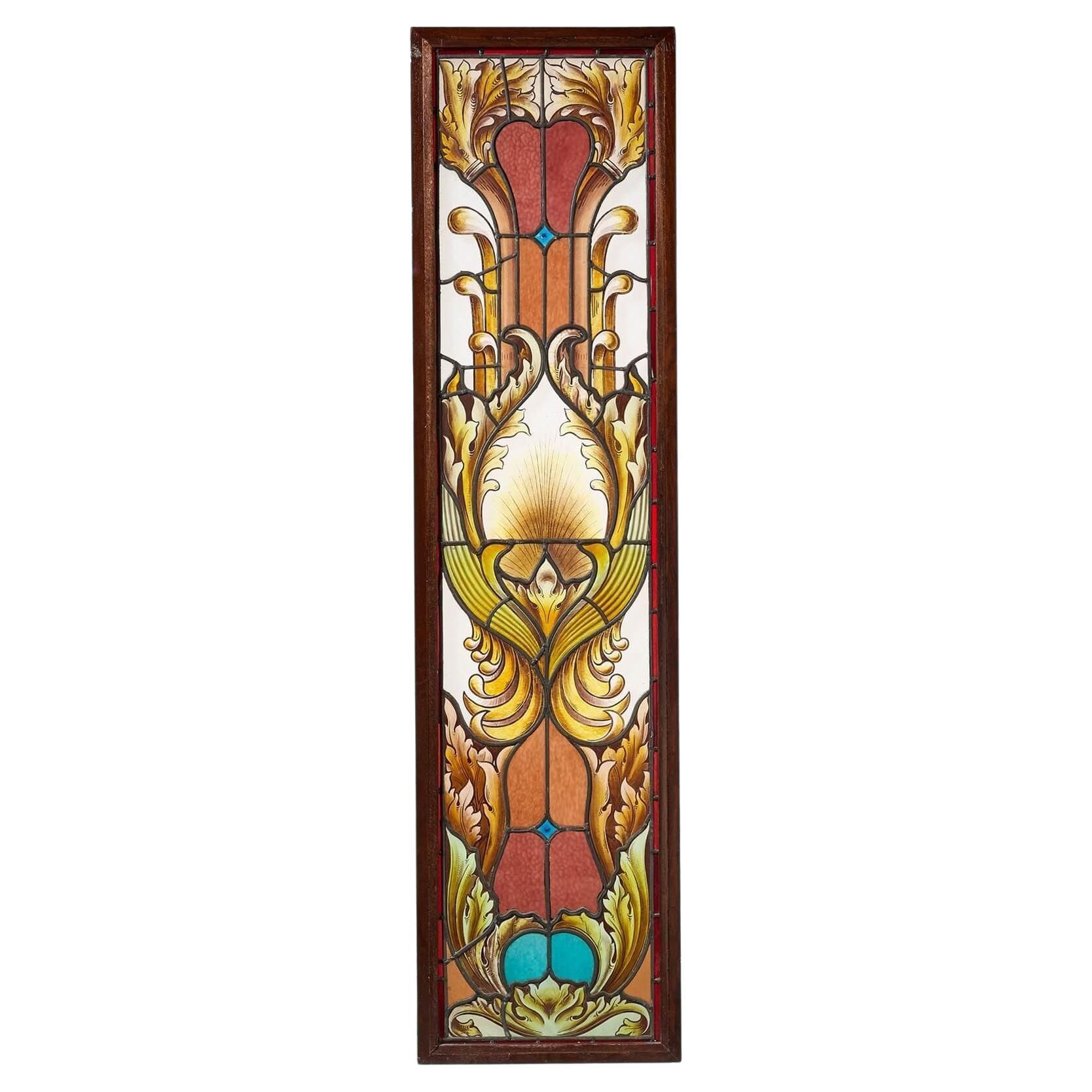 Large Antique Art Nouveau Stained Glass in Mahogany Frame en venta