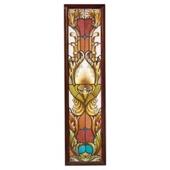 Large Antique Art Nouveau Stained Glass in Mahogany Frame