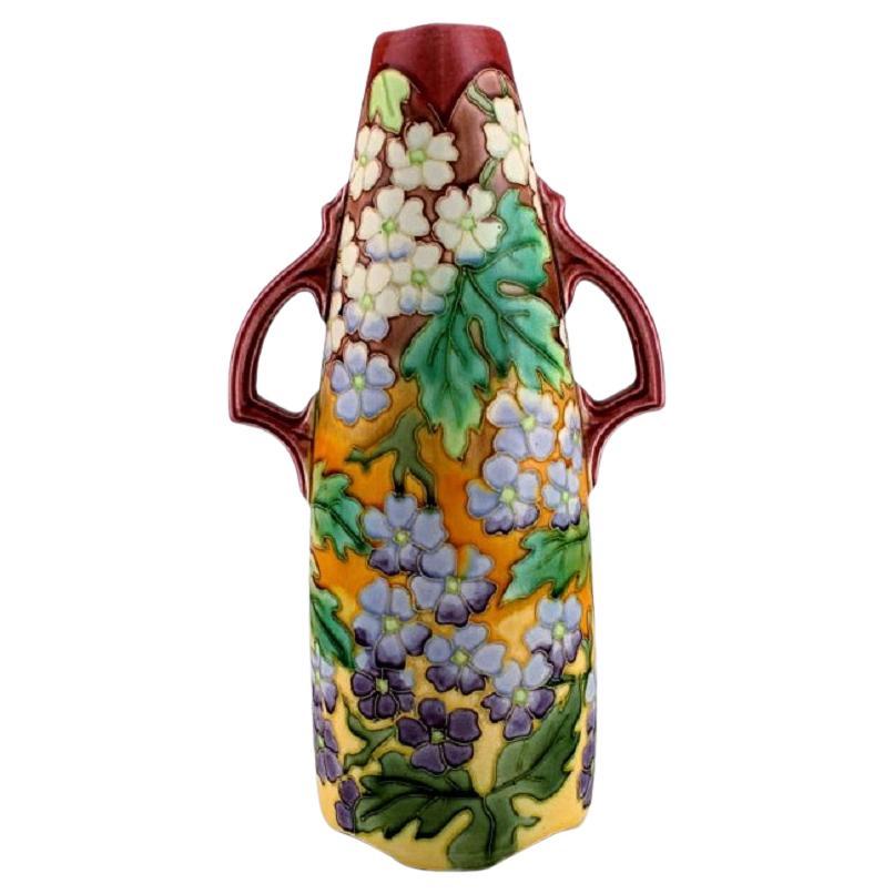 Large Antique Art Nouveau Vase with Handles in Glazed Ceramics For Sale
