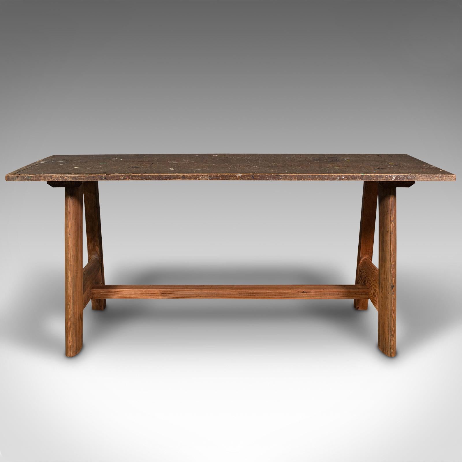 XX secolo Grande panca da artista antica, inglese, patinata, 6 posti, cucina, scrivania, edoardiana in vendita
