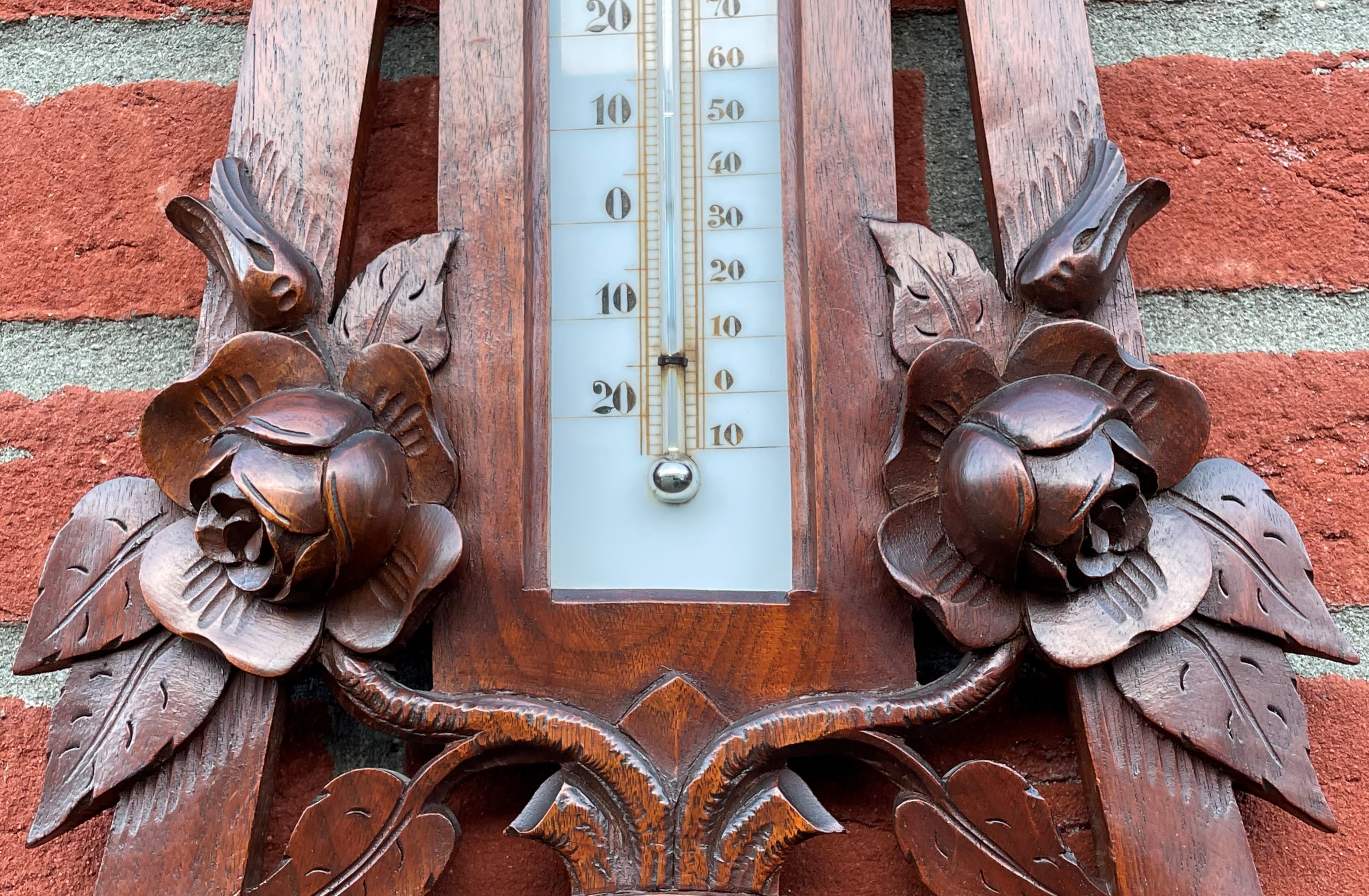 Large Antique Arts & Crafts Wall Barometer w. Hand Carved Roses & More Flowers For Sale 4