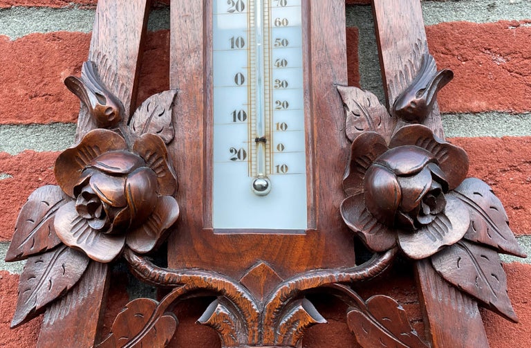 Large Antique Arts and Crafts Wall Barometer w. Hand Carved Roses and ...
