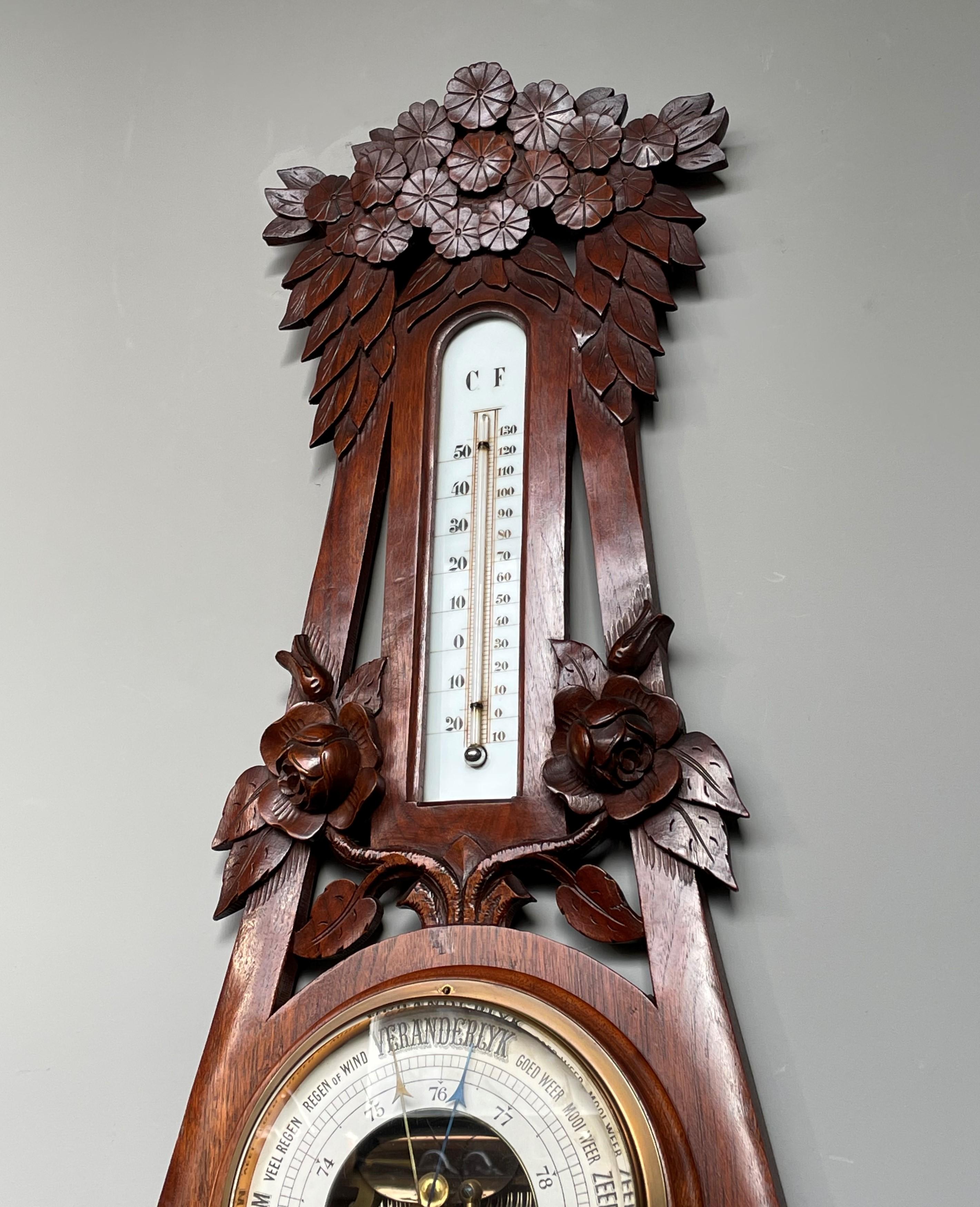 Large Antique Arts & Crafts Wall Barometer w. Hand Carved Roses & More Flowers For Sale 7