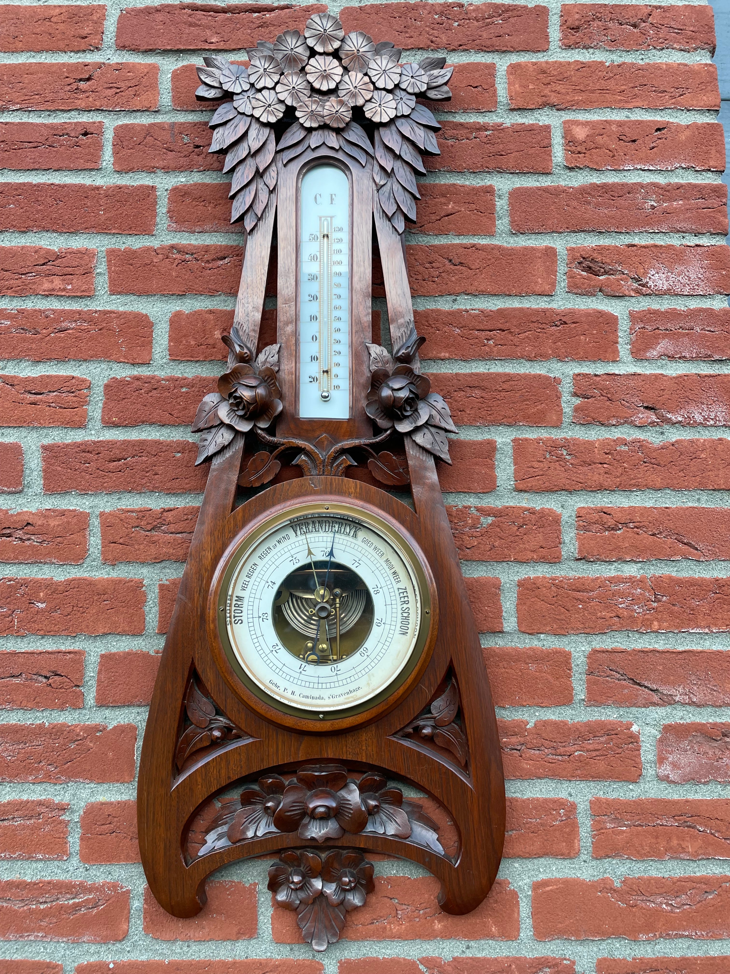 Stunning design and top quality executed Arts & Crafts barometer.

This early 1900s, hand carved out of one piece of nutwood, wall barometer has everything that makes an antique worthwhile. The quality of the workmanship is second to none. The