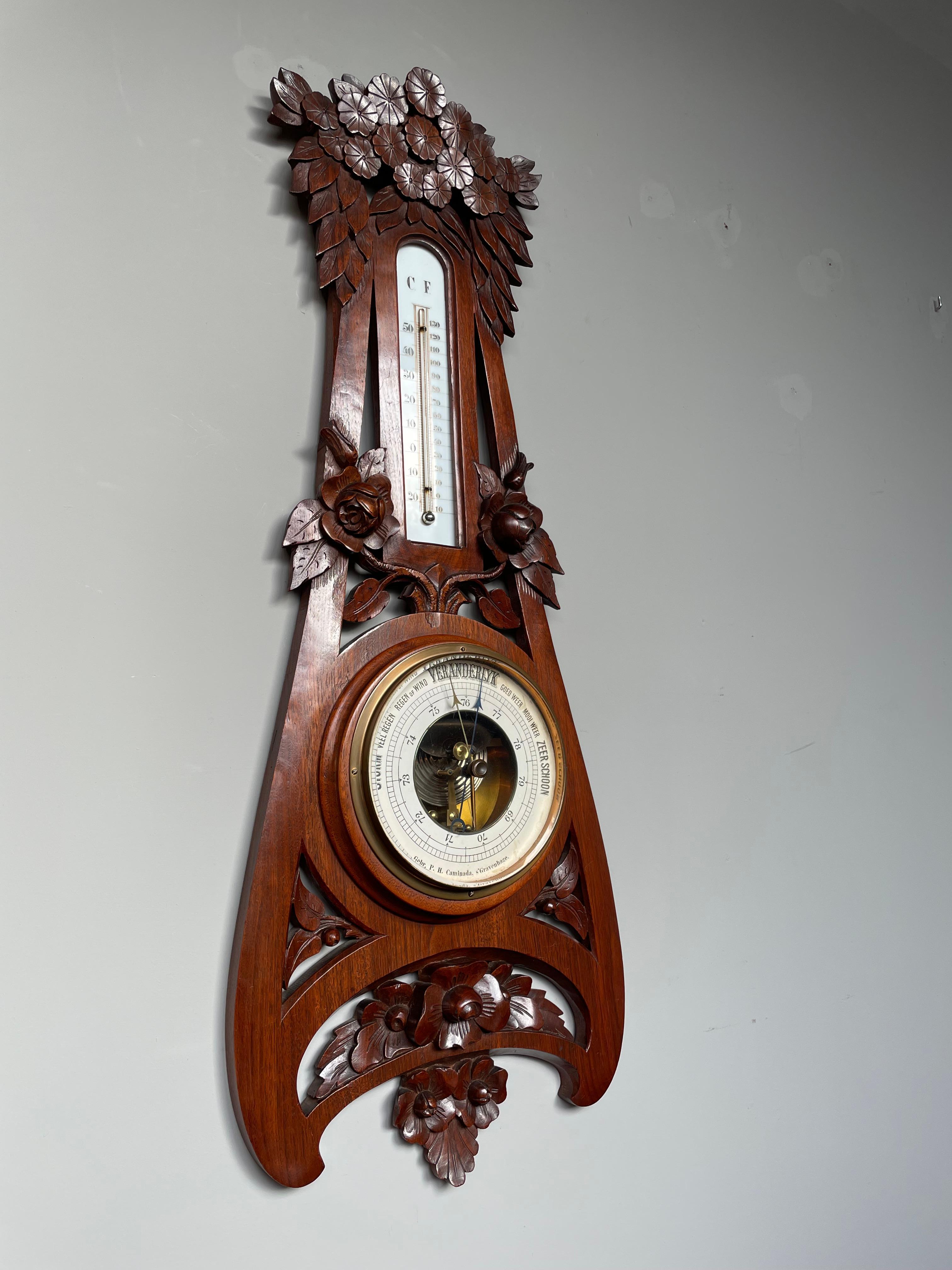 Beveled Large Antique Arts & Crafts Wall Barometer w. Hand Carved Roses & More Flowers For Sale