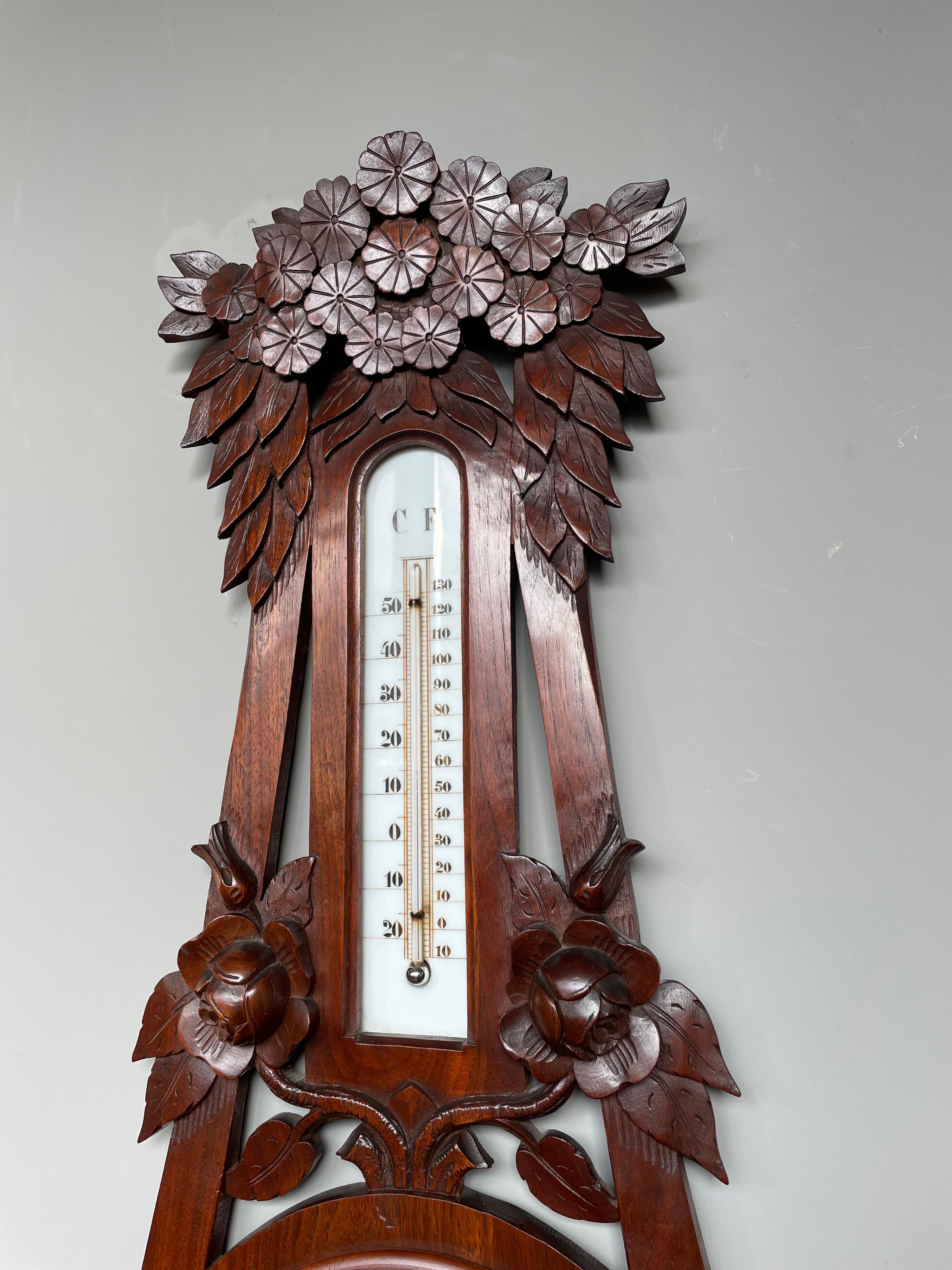20th Century Large Antique Arts & Crafts Wall Barometer w. Hand Carved Roses & More Flowers For Sale