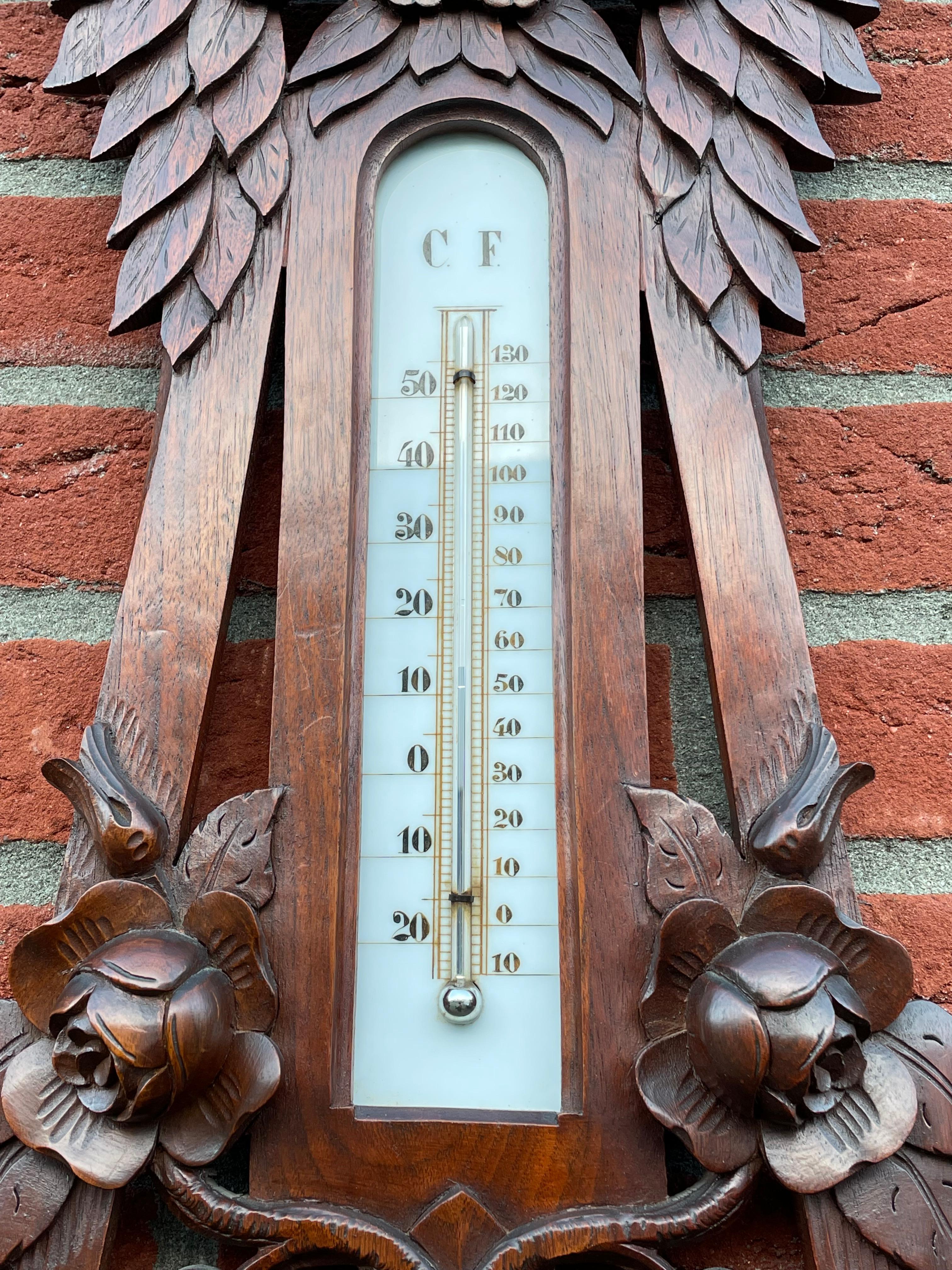 Metal Large Antique Arts & Crafts Wall Barometer w. Hand Carved Roses & More Flowers For Sale