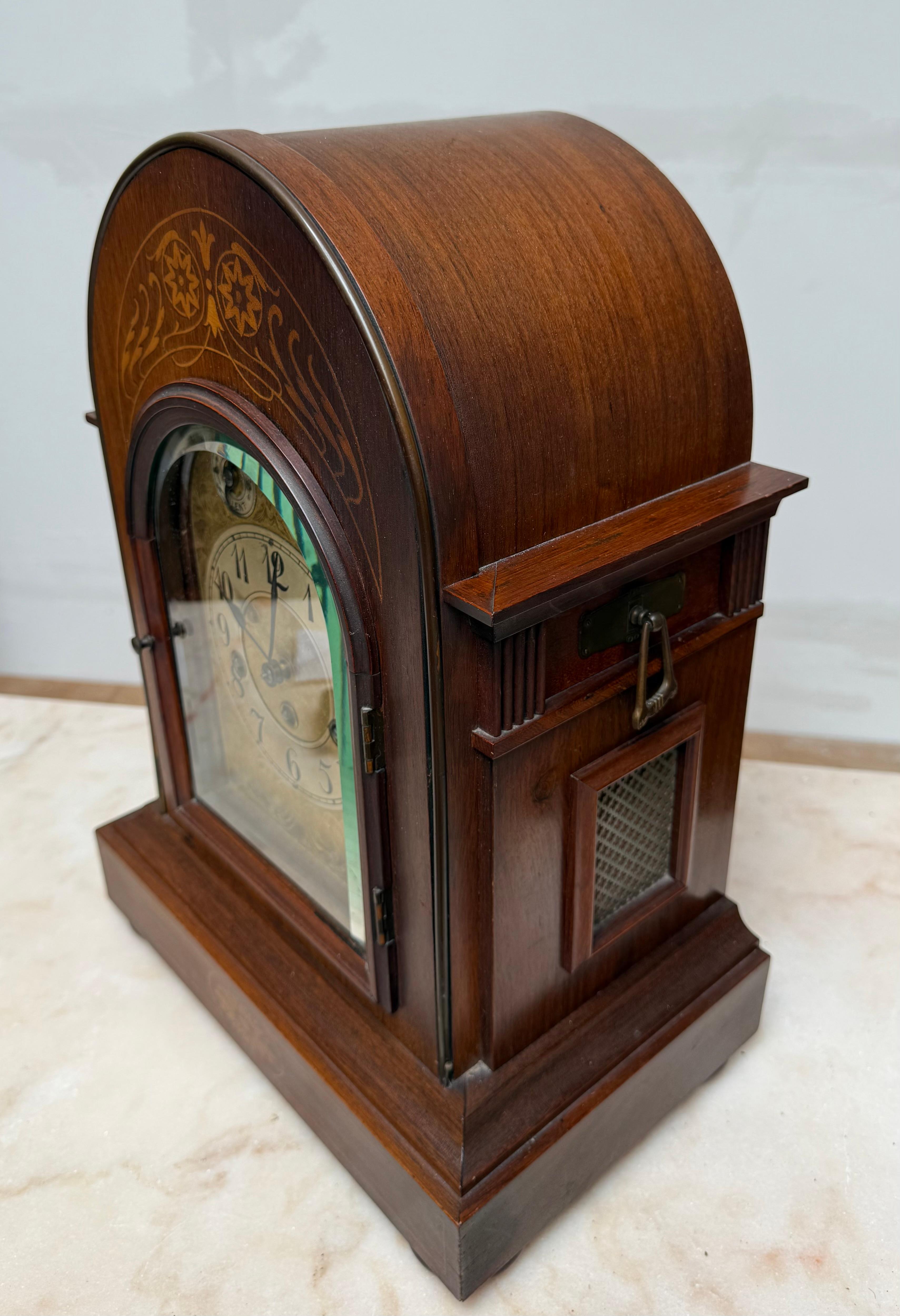 Large Antique Arts & Crafts Nutwood with Inlay Table or Mantel Clock, ca 1900. For Sale 2