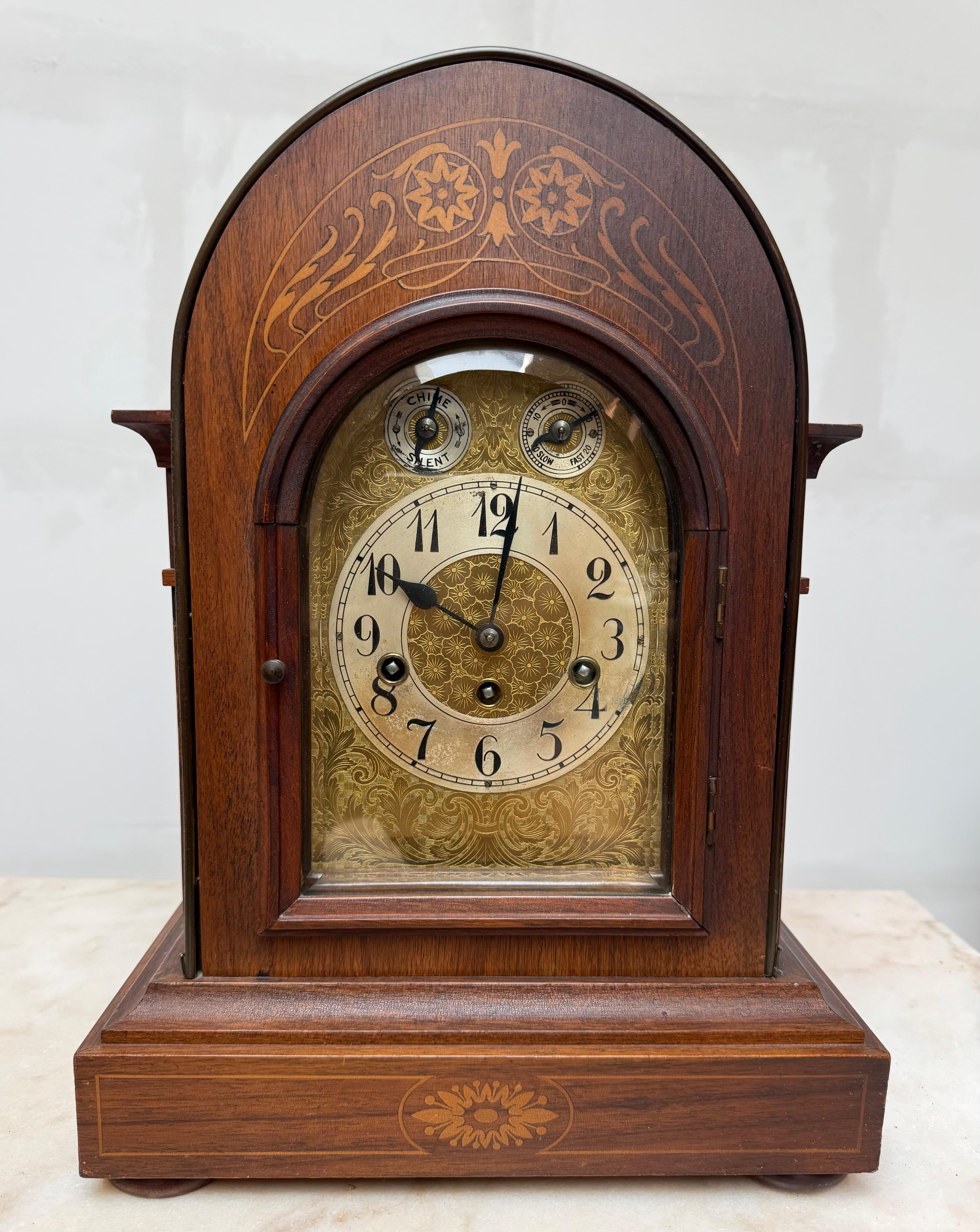 Large Antique Arts & Crafts Nutwood with Inlay Table or Mantel Clock, ca 1900. For Sale 3