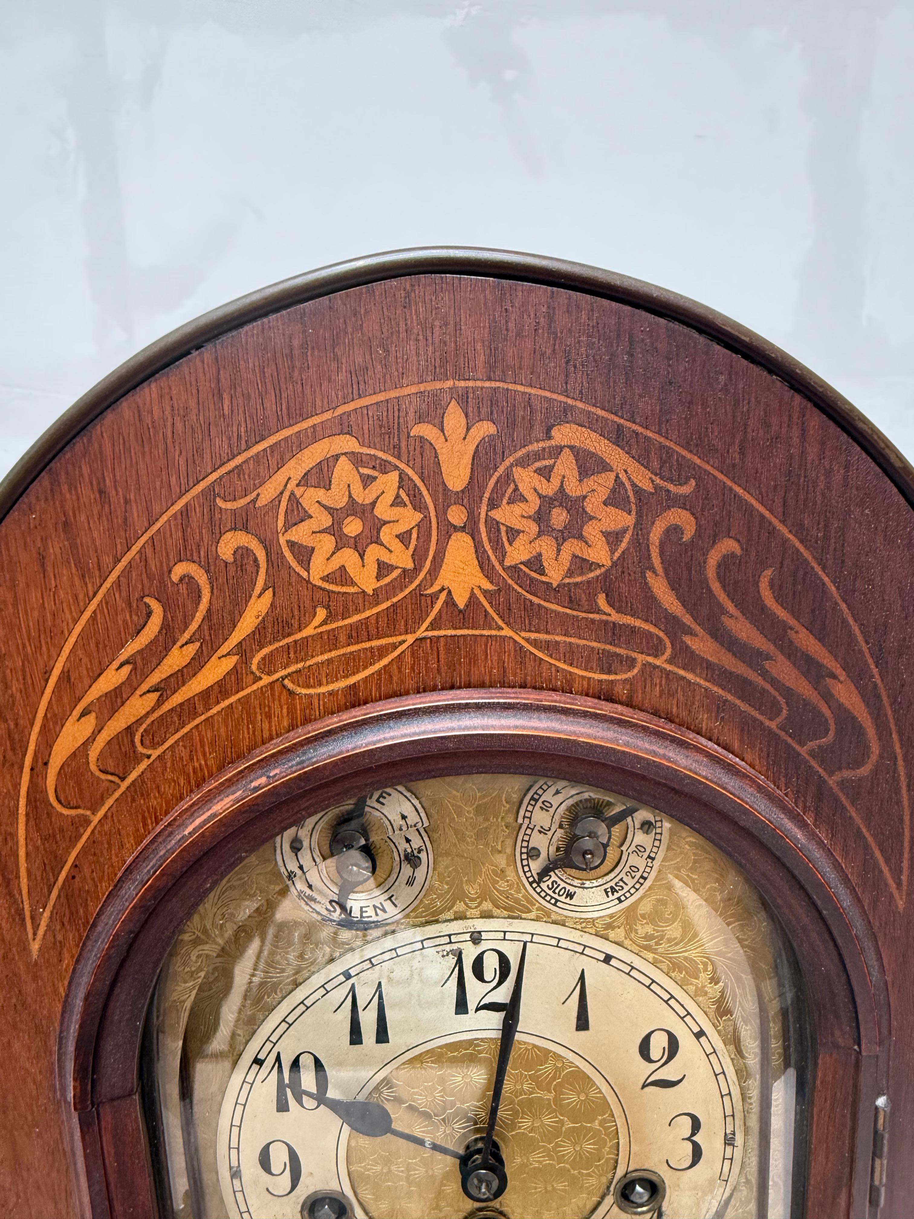 Arts and Crafts Large Antique Arts & Crafts Nutwood with Inlay Table or Mantel Clock, ca 1900. For Sale