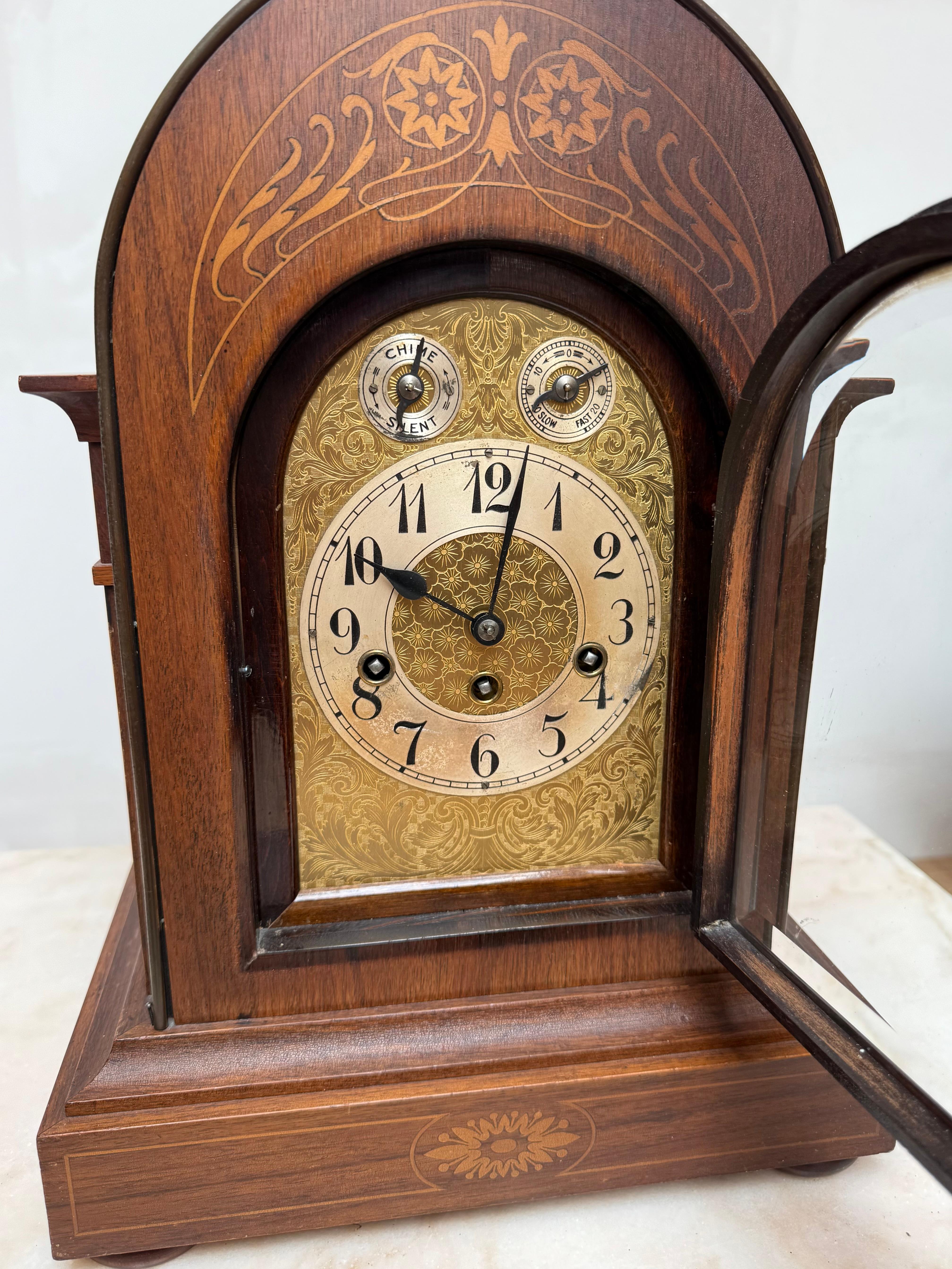 Beveled Large Antique Arts & Crafts Nutwood with Inlay Table or Mantel Clock, ca 1900. For Sale