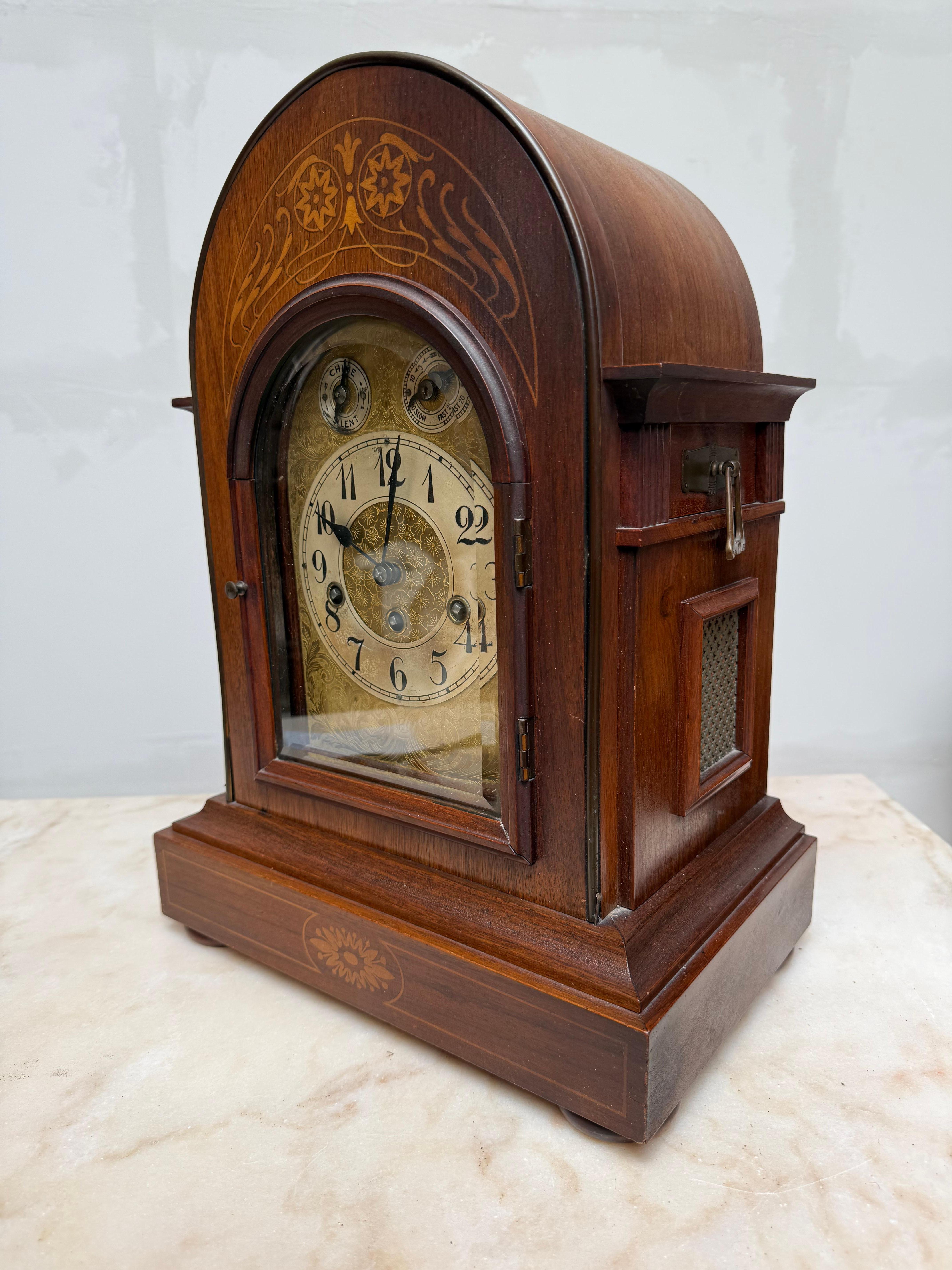 19th Century Large Antique Arts & Crafts Nutwood with Inlay Table or Mantel Clock, ca 1900. For Sale
