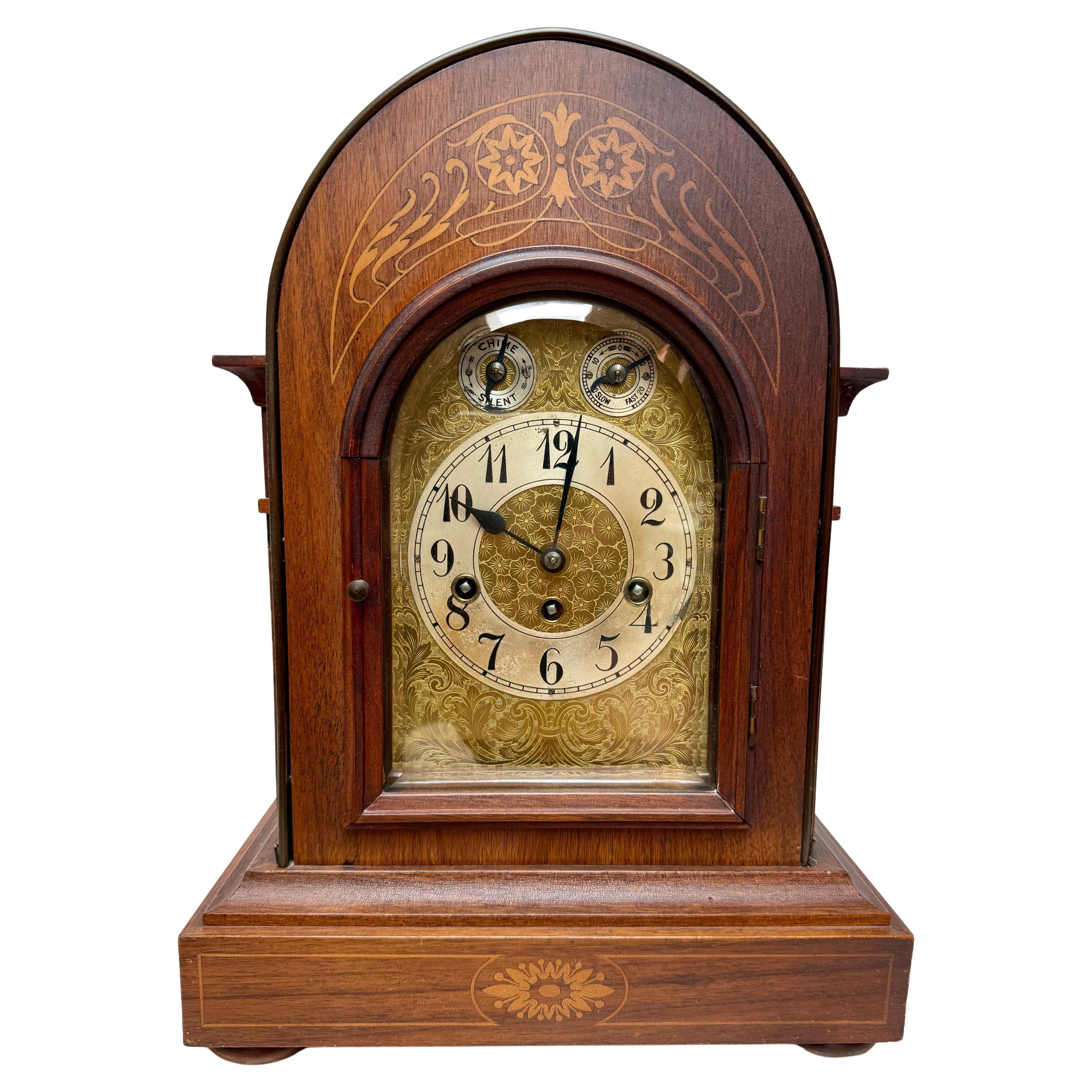 Large Antique Arts & Crafts Nutwood with Inlay Table or Mantel Clock, ca 1900. For Sale