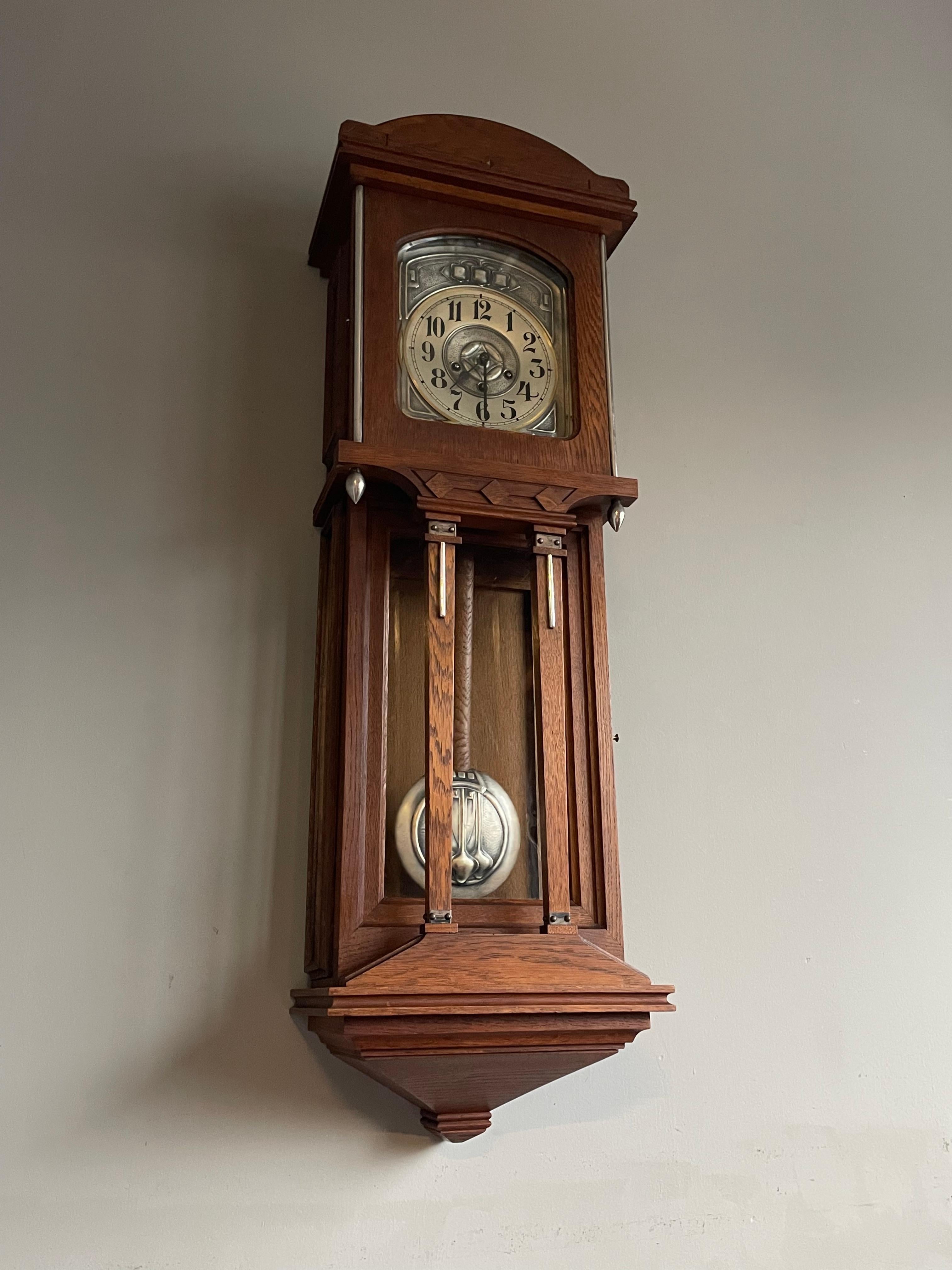 Large Antique Arts & Crafts Oak, Glass & Brass Wall Clock with Chime Mechanism 3